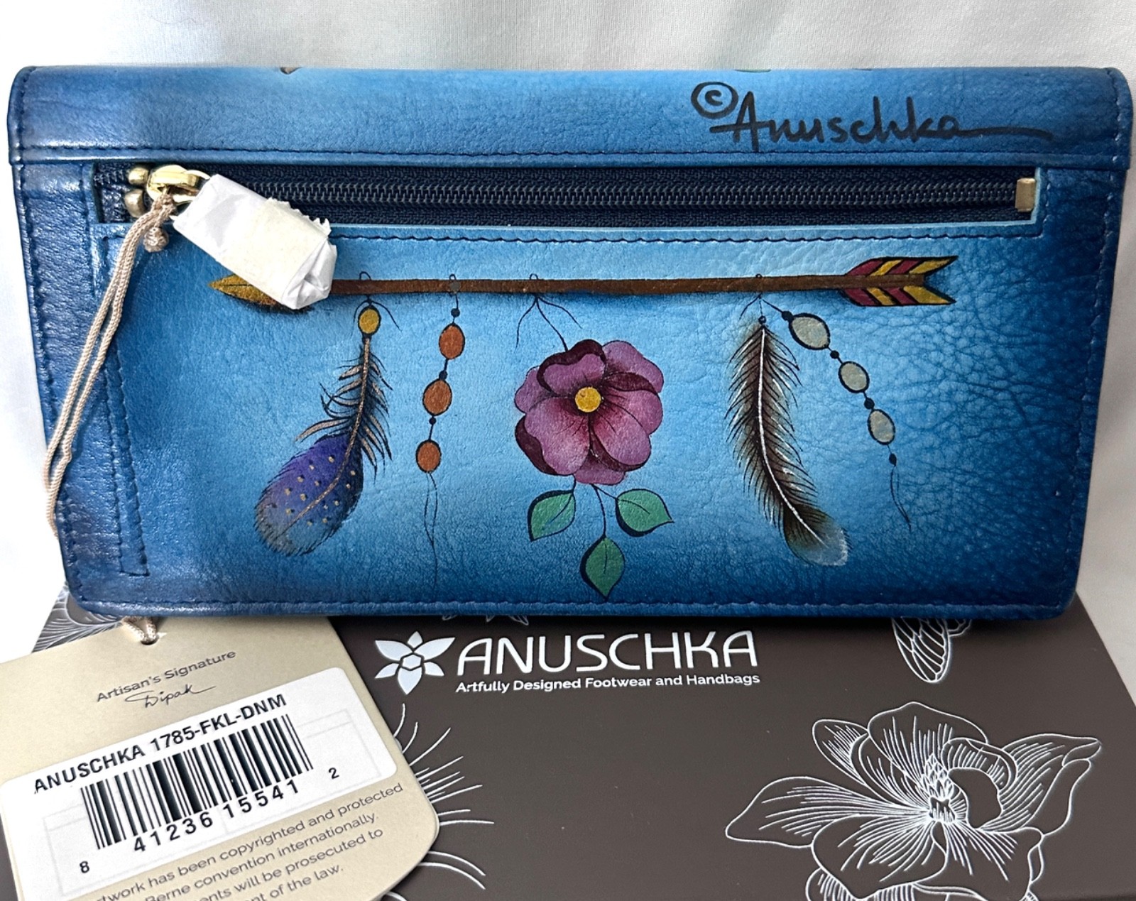 ANUSCHKA NWT🪶”RARE” RFID Bi-Fold Snap Clutch Wallet-Feather Skull Denim 1785