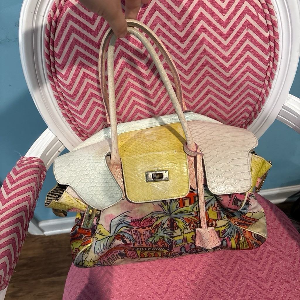 Multicolor Satchel Top Handle Bag Turn Lock Zip Striped Lining Gold Hardware
