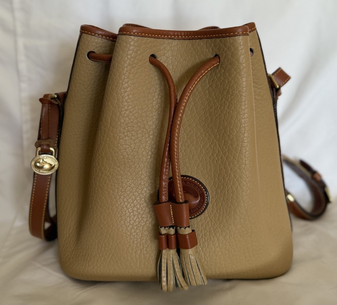 Dooney Bourke Vintage Taupe Brown Drawstring Bucket Shoulder Bag All Leather