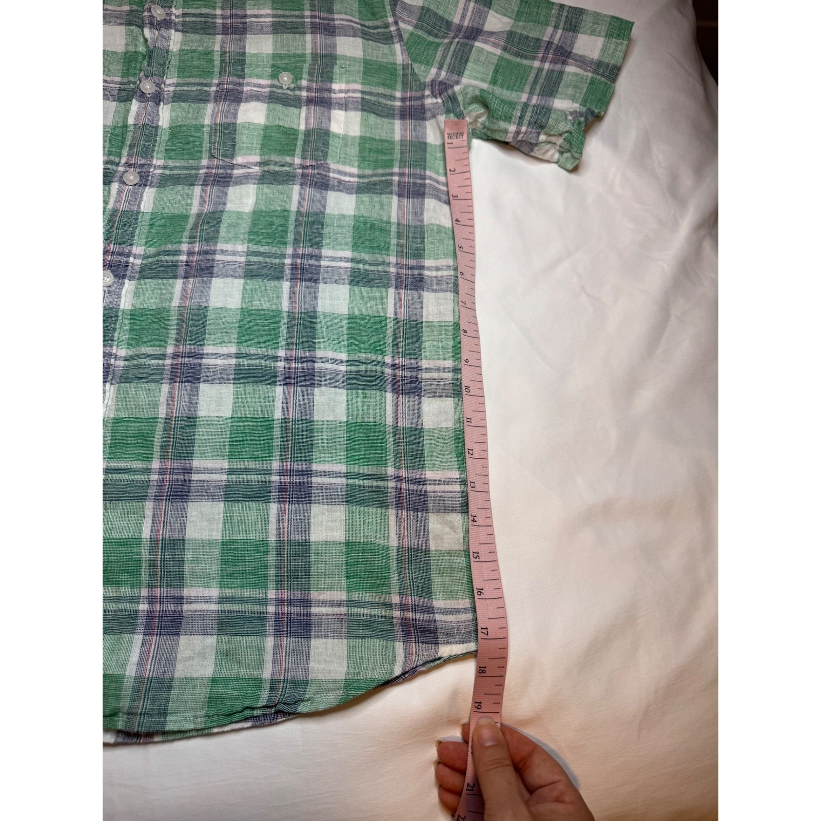 Weatherproof Vintage Mens Large Green Plaid Linen Cotton Short Sleeve Shirt