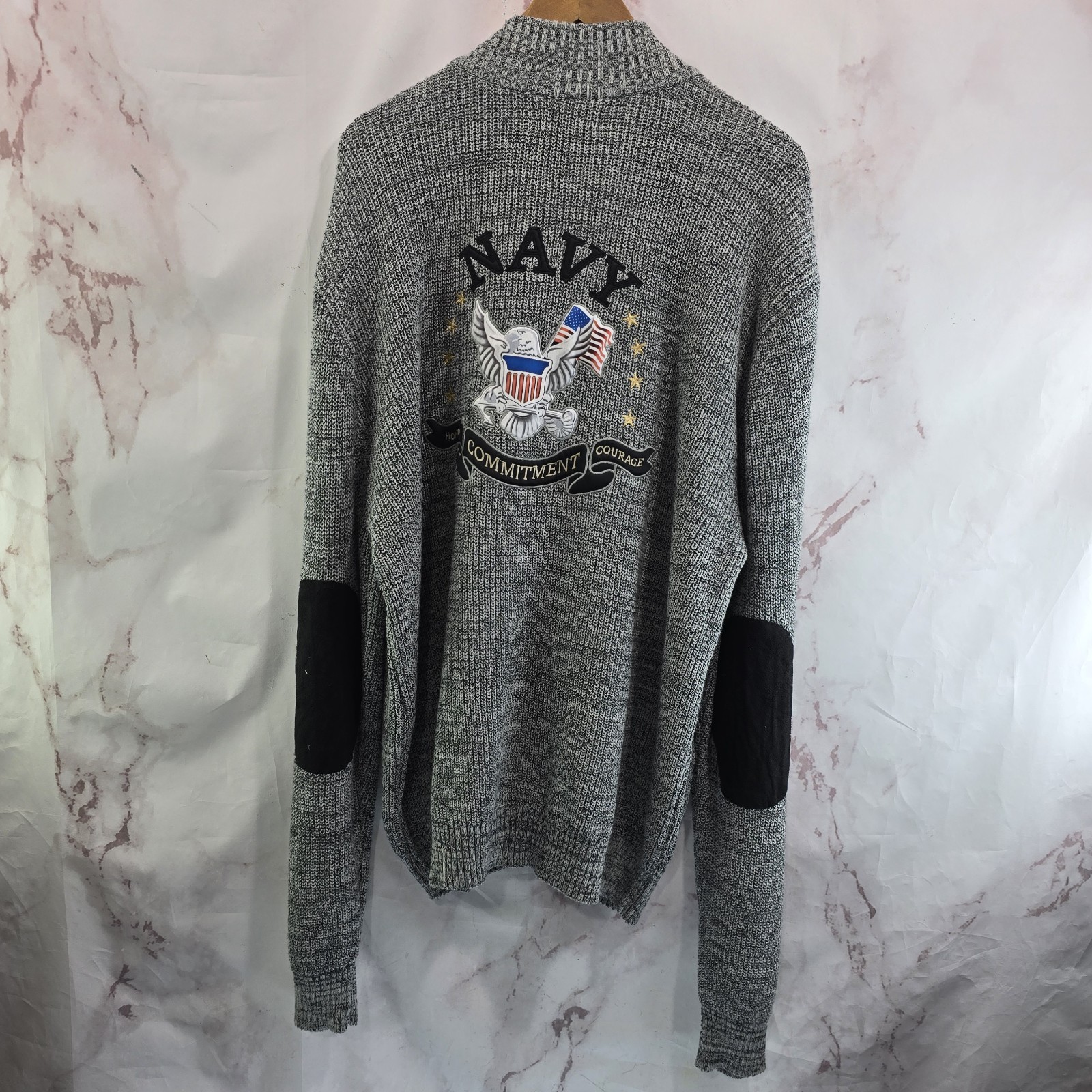 Bradford Exchange Sweater Mens XL US NAVY Gray Black Zip Elbow Patches Cotton