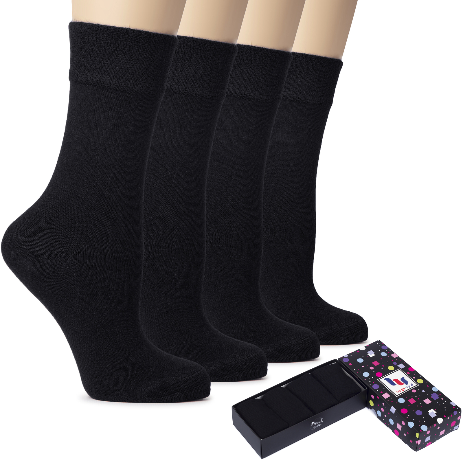 Hugh Ugoli “200 Thread Count” Women’s Dress Socks Cotton Seamless Toe, 4 Pairs