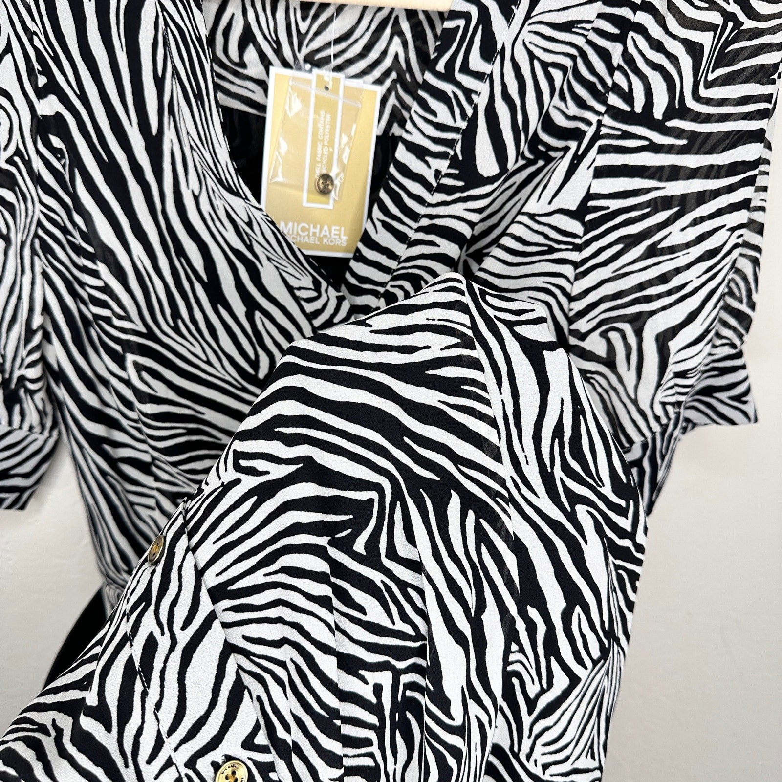 NWT Michael Kors Zebra Print Georgette Belted Puff Sleeve Midi Shirt Dress Med