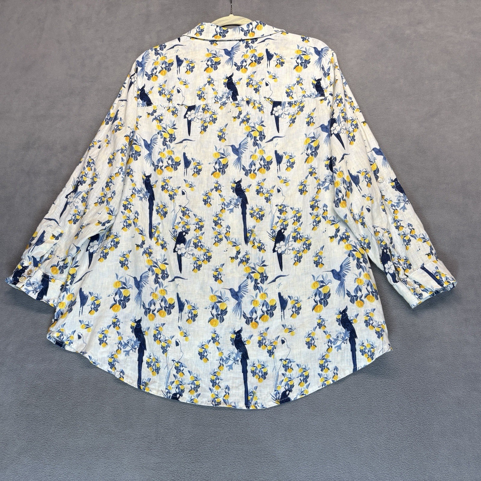 Isaac Mizrahi Size 2X 100% Linen Blouse Blue Yellow Bird Floral Roll Tab Sleeve