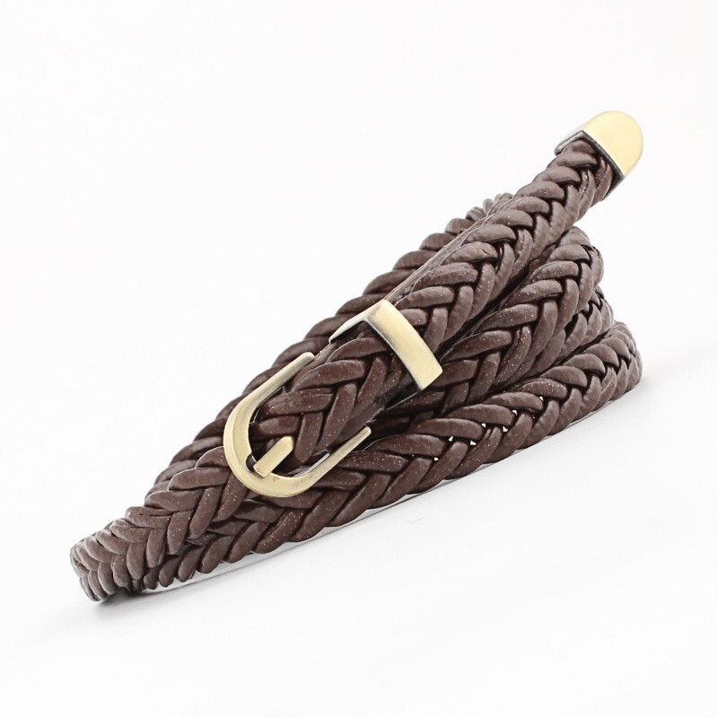 Handwoven PU Leather Belt, 0.8cm Slim Waist Chain Alloy Buckle for Women