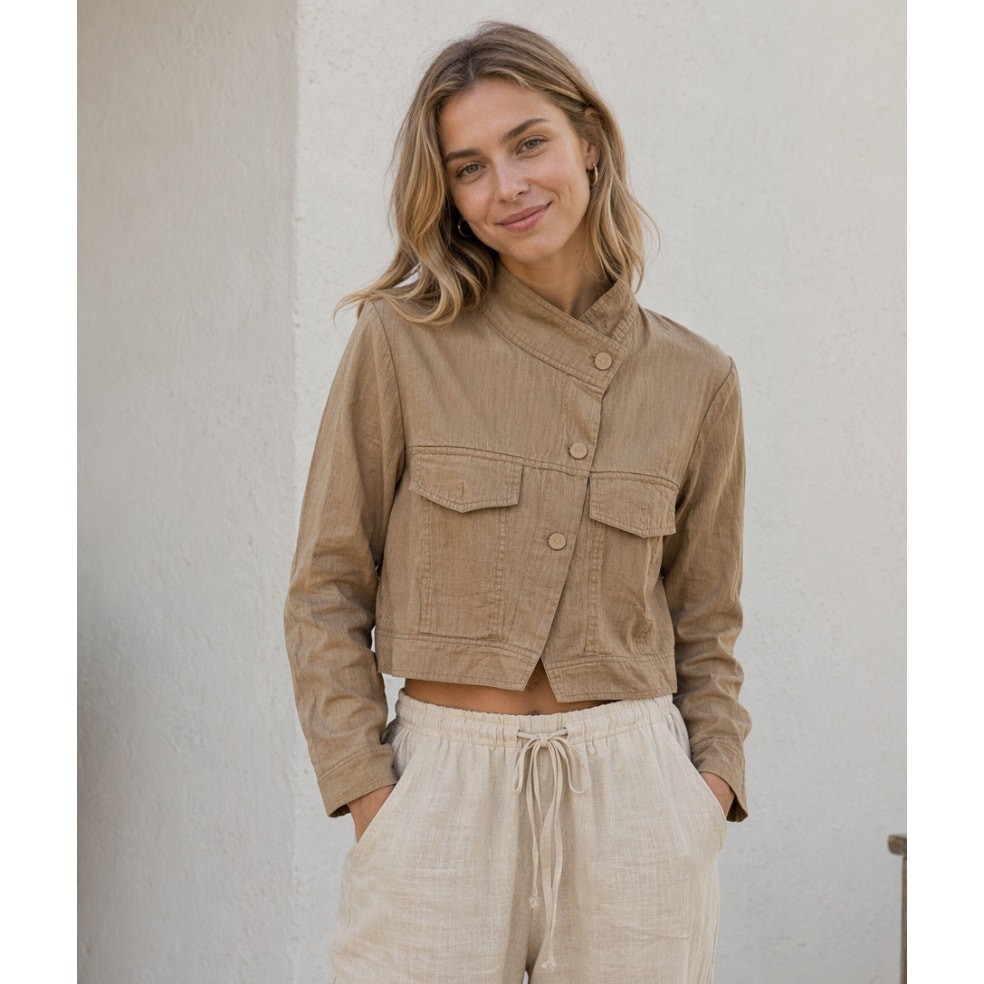 Y2K Cropped Utility Jacket Tan Khaki Asymmetric High Neck Cargo Shirt Blazer S