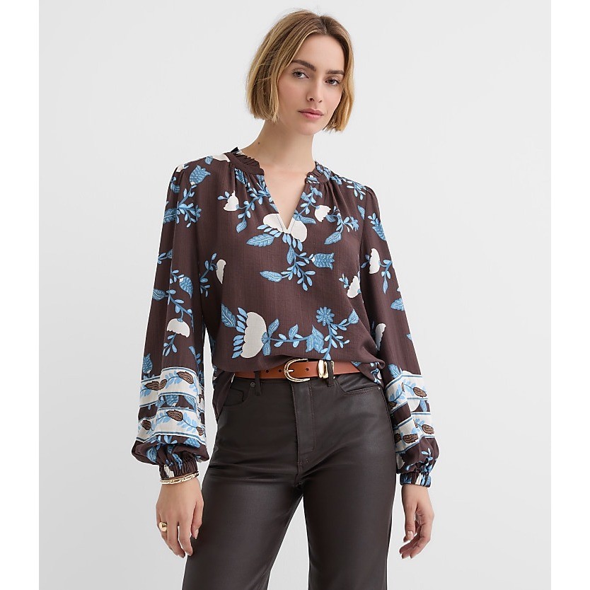 Loft Petites Oversized Easy Fit Floral Top Brown Blue Ruffle Neck XXSP