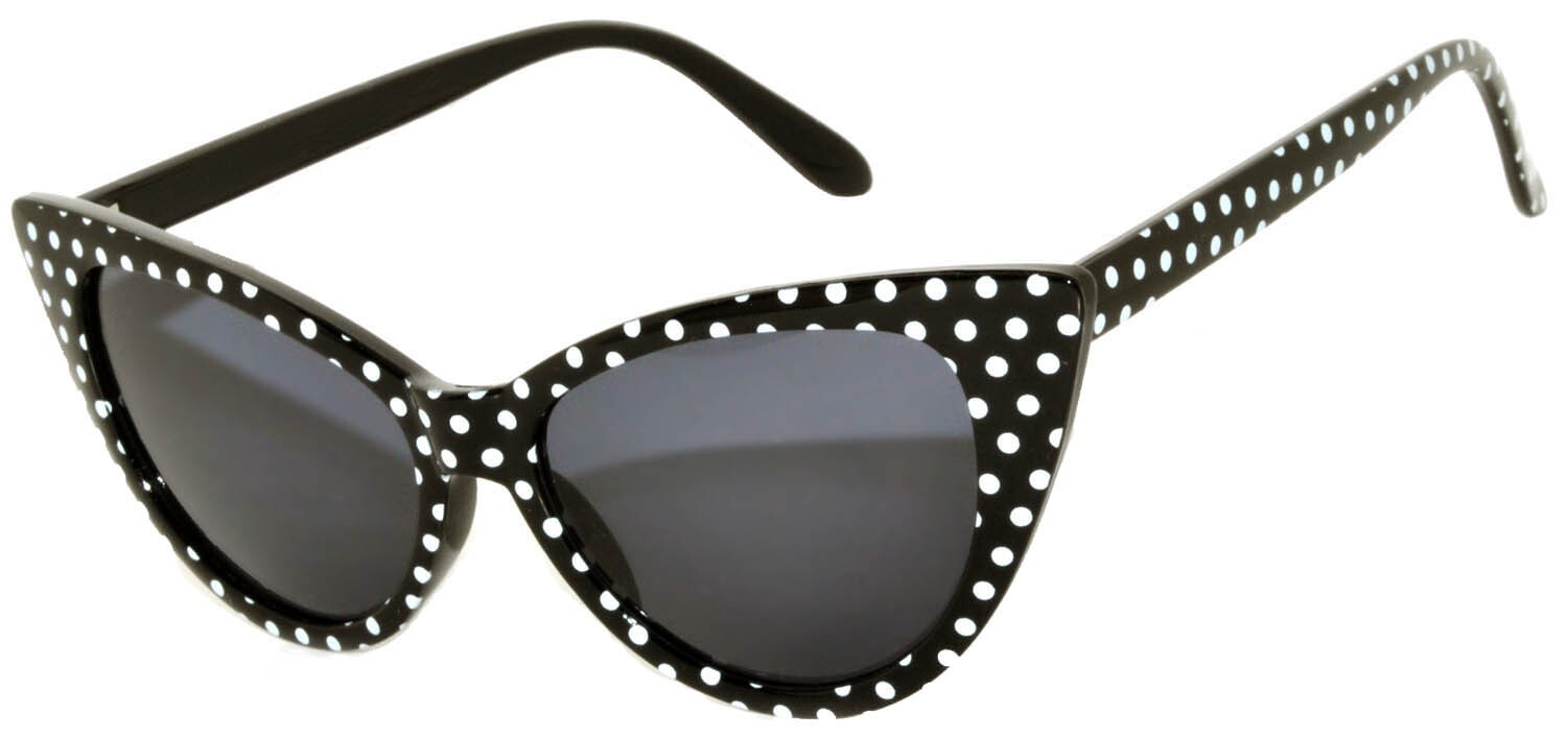 BLACK CAT EYE WHITE POLKA DOTS SUNGLASSES DARK GREY SMOKE LENS WOMEN UV400