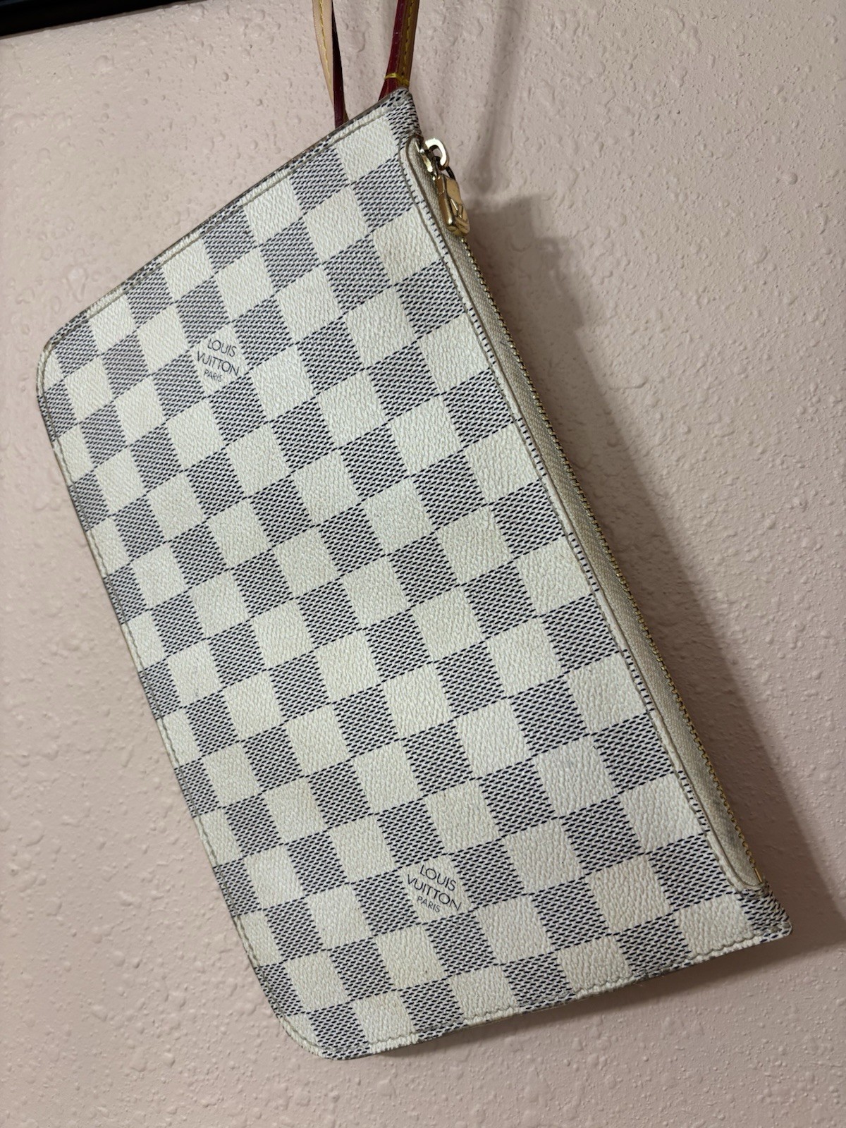 Louis Vuitton Damier Azur Zip Wristlet Pouch White/Blue Brown Strap Gold