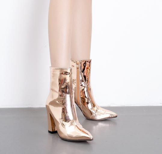 Women Pointed Toe High Heels Patent Leather Chunky heel Bootie Ankle Boots Shoes