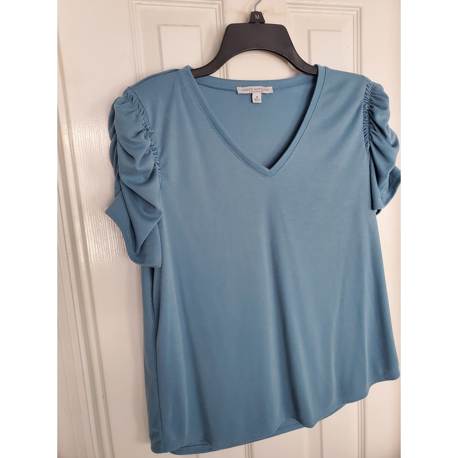 Green Envelope Top Blue Ruched Puff Sleeve V-Neck Modal Blend Blouse Medium