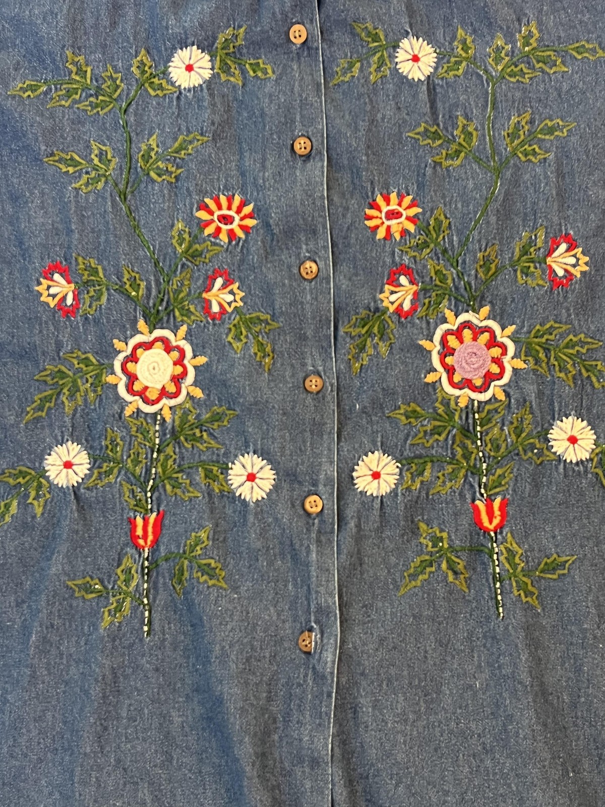 Bobbie Brooks Denim Embroidered Floral Shirt Button Up Tunic Womens XL Blue