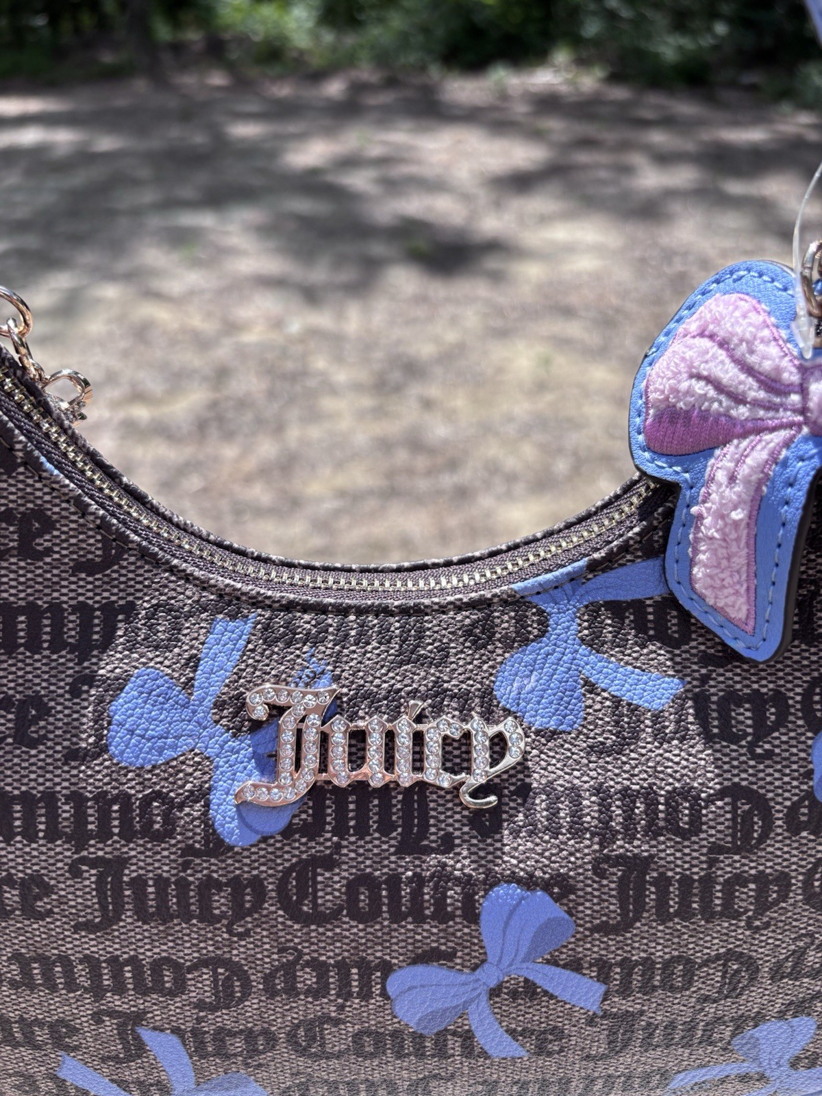 Juicy Couture Brown/Blue Logo Bow Print Small Shoulder Bag Chain Strap Zip Charm