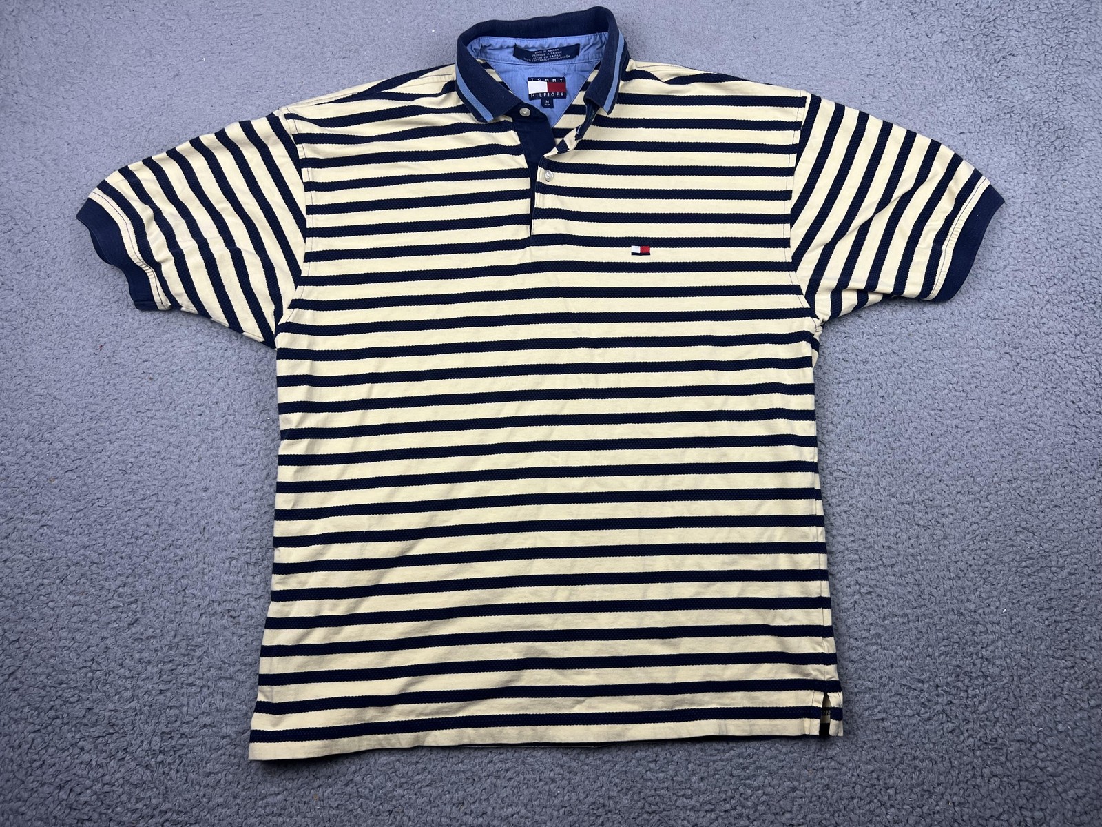 Tommy Hilfiger Polo Shirt Mens Medium Navy Yellow Striped Flag Logo Cotton