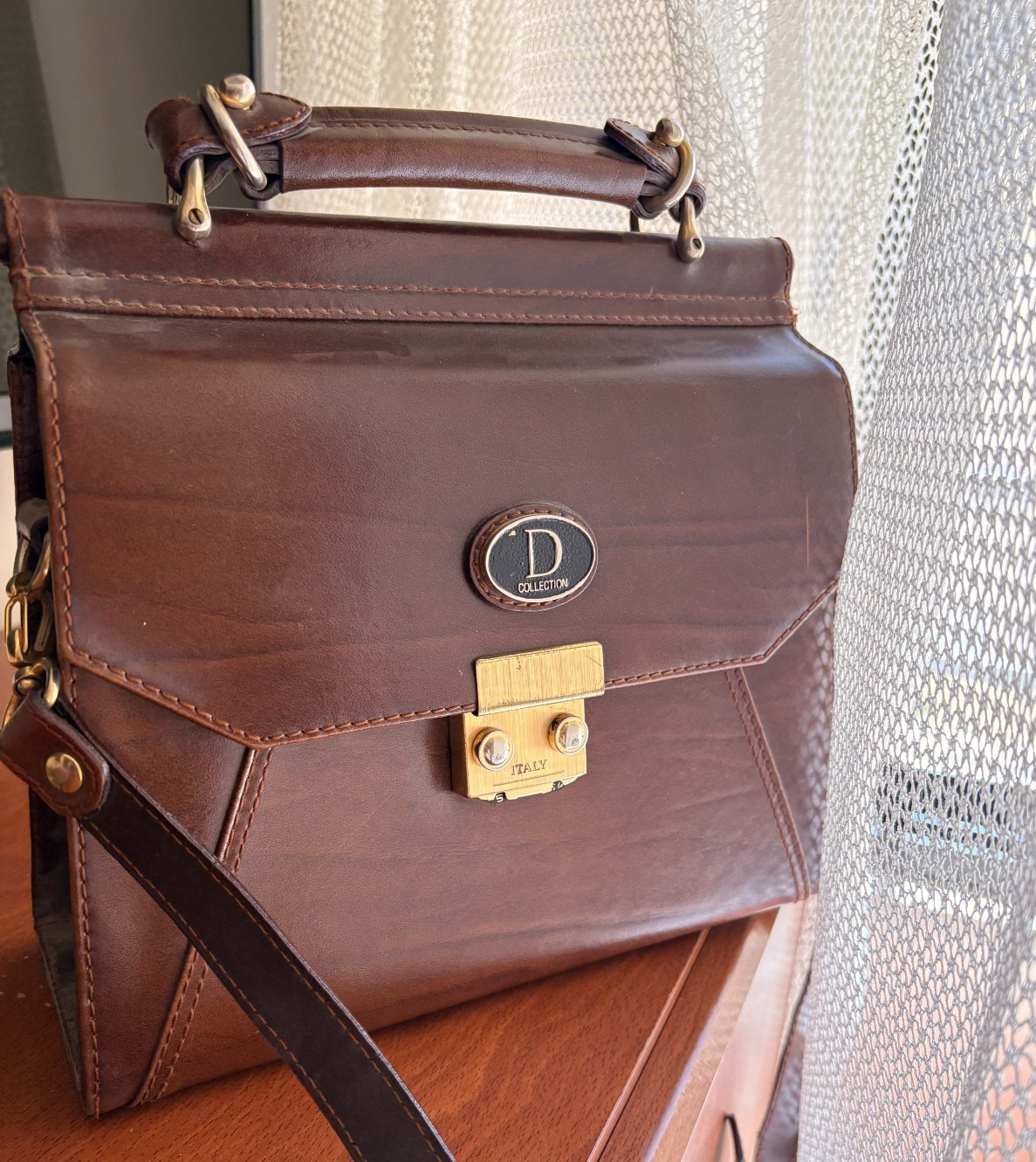 Vintage D Collection Italy Brown Leather Briefcase Messenger Bag Satchel
