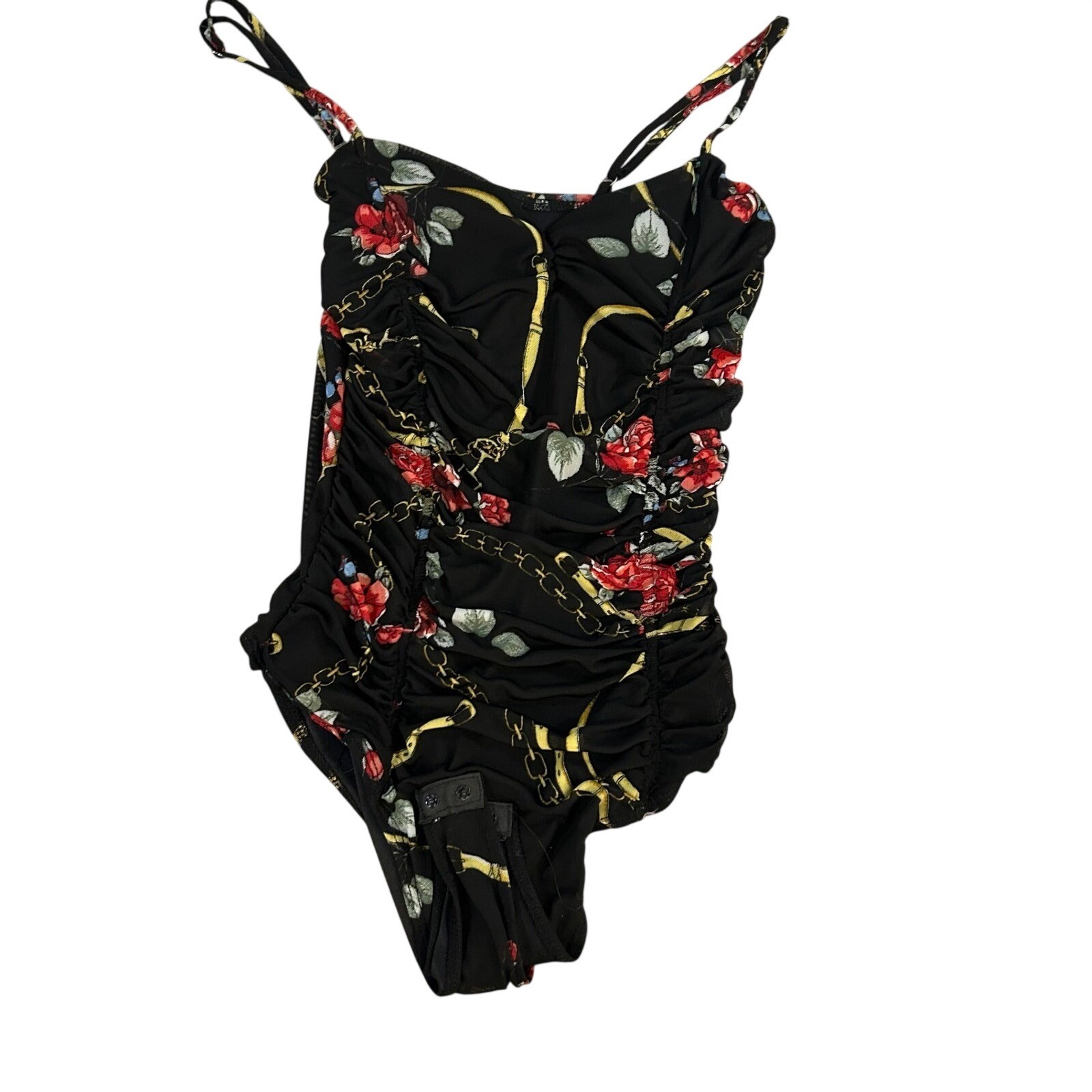 Blashe Black Floral Chain Ruched Bodysuit Women’s Size M