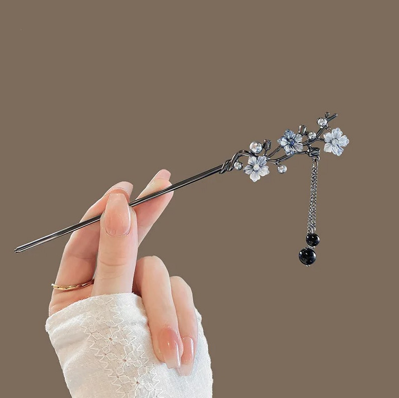 1 pc Women’s Tassel Hair Stick Black Beads Fringe Hanfu Hairpin