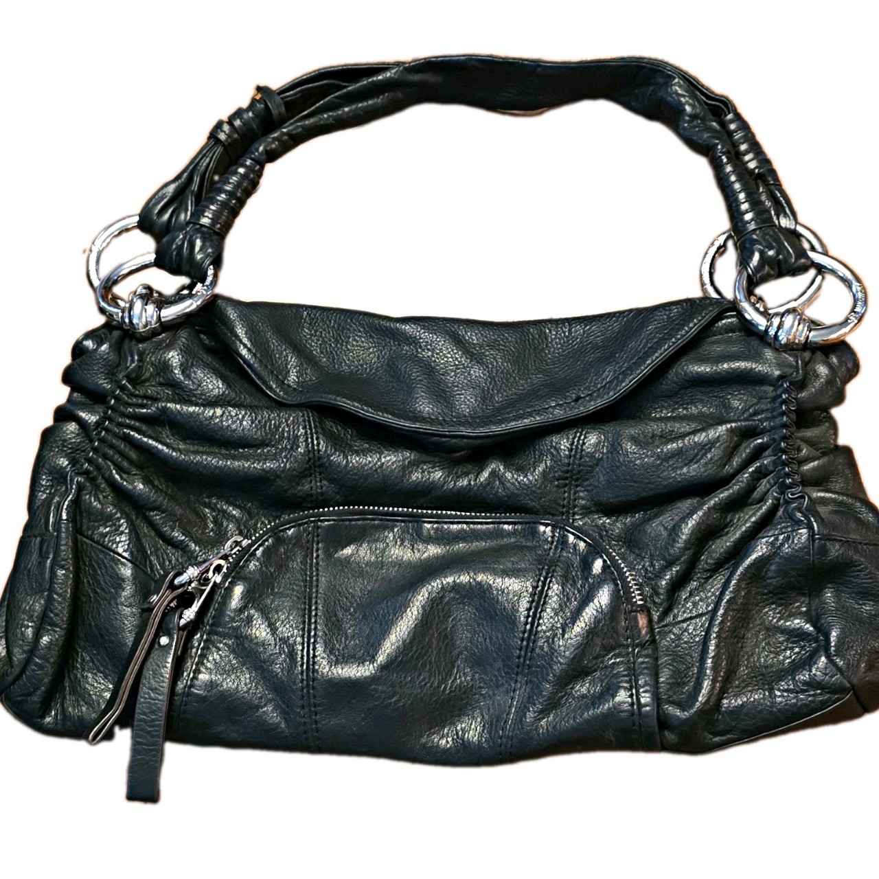 B Makowsky Women’s Black Handbag Magnet Closure Outer Pocket Silver