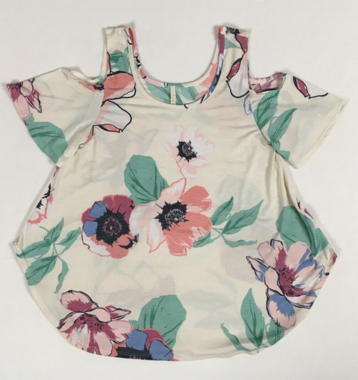 Lime n Chili Womens Top Size S Ivory Pink Flowers Open Shoulder Short Sleeve