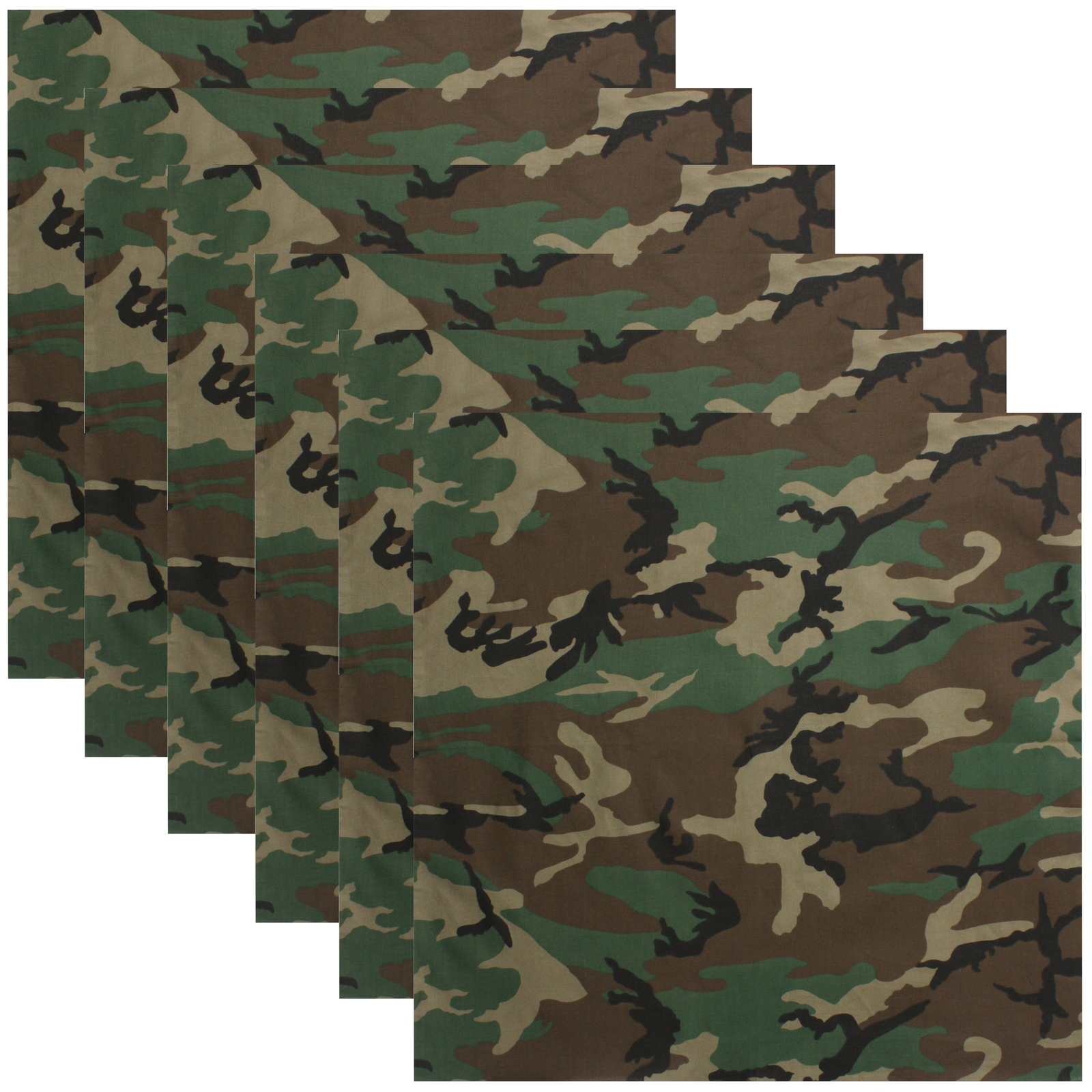 Woodland Camo Bandana 6-Pack Face Mask Headband & Skull Cap 27″x27″ 100% Cotton