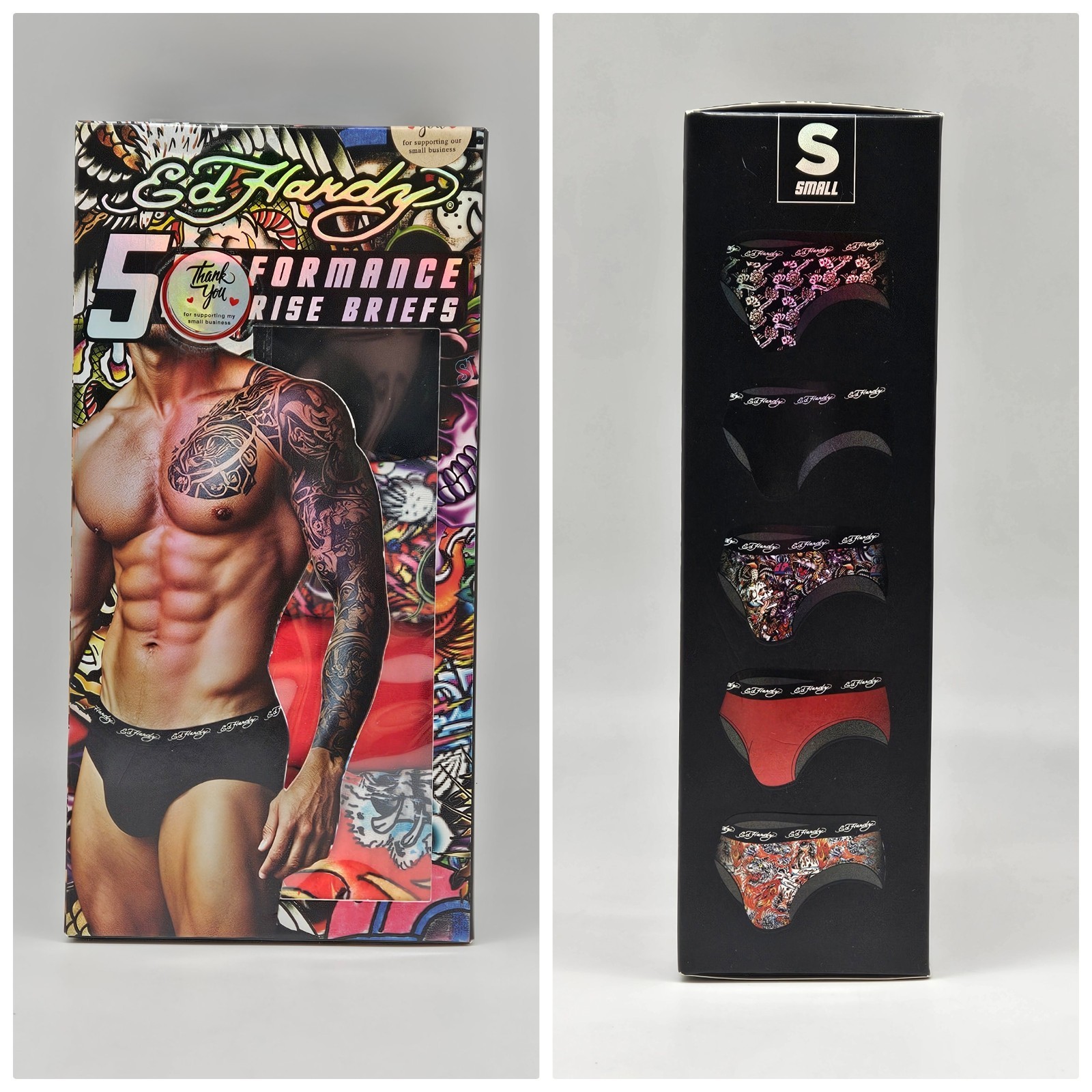 5 Pack ED HARDY Men’s S M Performance Low Rise Briefs Assorted Multicolor Prints