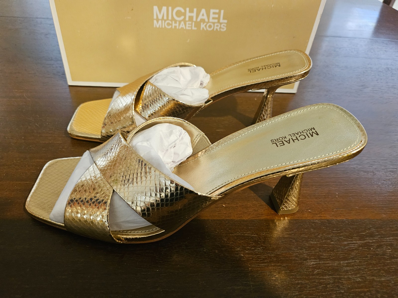 Michael Kors Clara Mule Square toe Sandals Gold Snake Skin leather New in box 10