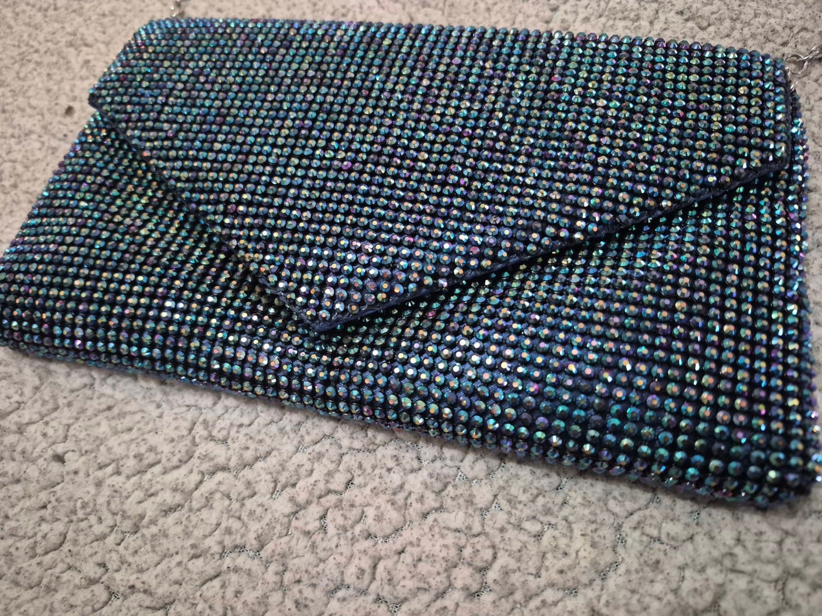 La Regale Iridescent Rhinestone Envelope Clutch with Chain Strap