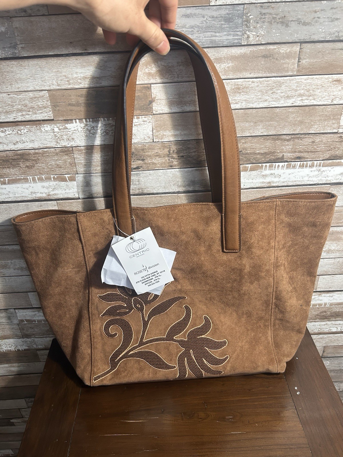 Centric Brown Tote Bag Floral Applique Double Handles Magnetic Zip Closure