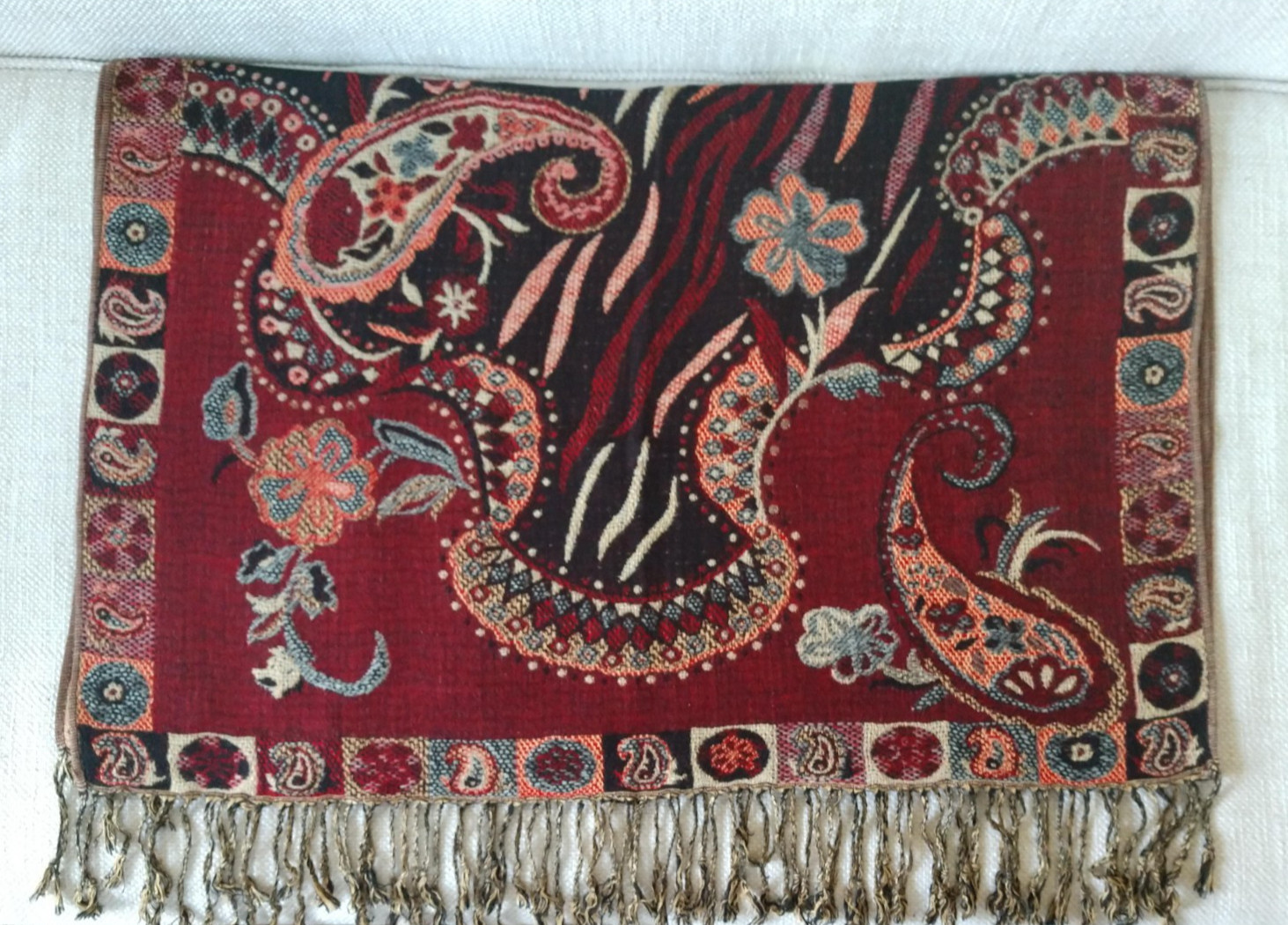 Pashmina Scarf Wrap Shawl Woven Tan Black Orange Paisley Fringe 27 x 68 inches