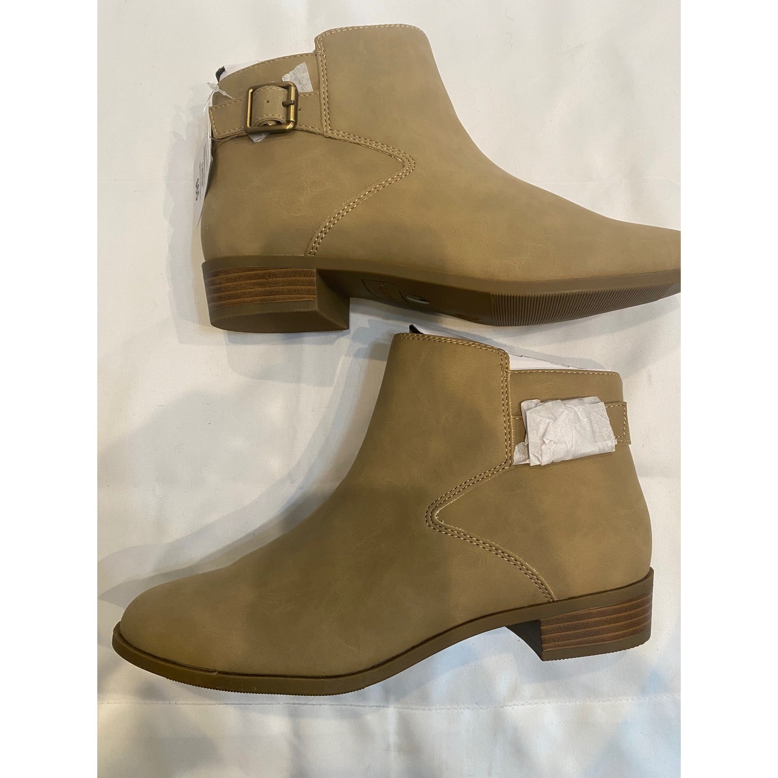 St. Johns Bay Ryder Sand Tan Ankle Boots Buckle Block Heel Booties Womens Size 8