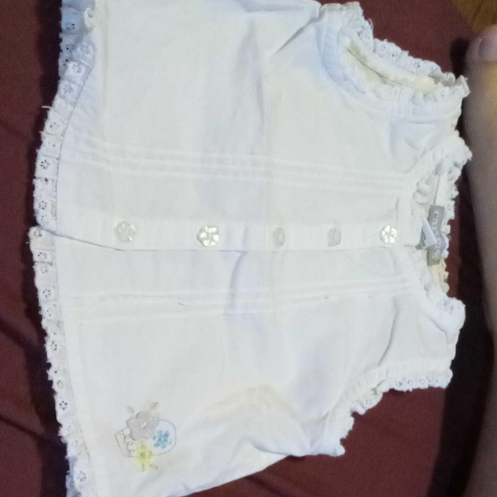 White One-Piece Sleeveless Lace Trim Button Front Cotton Knit 12 months