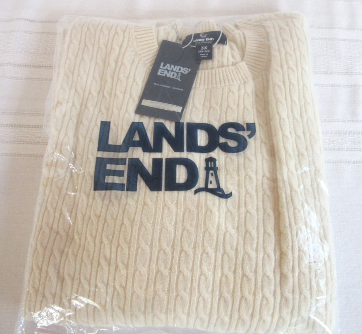 Lands’ End 100% Cashmere Long Sleeve Cable Ivory Pullover Style #520921 3X NEW!