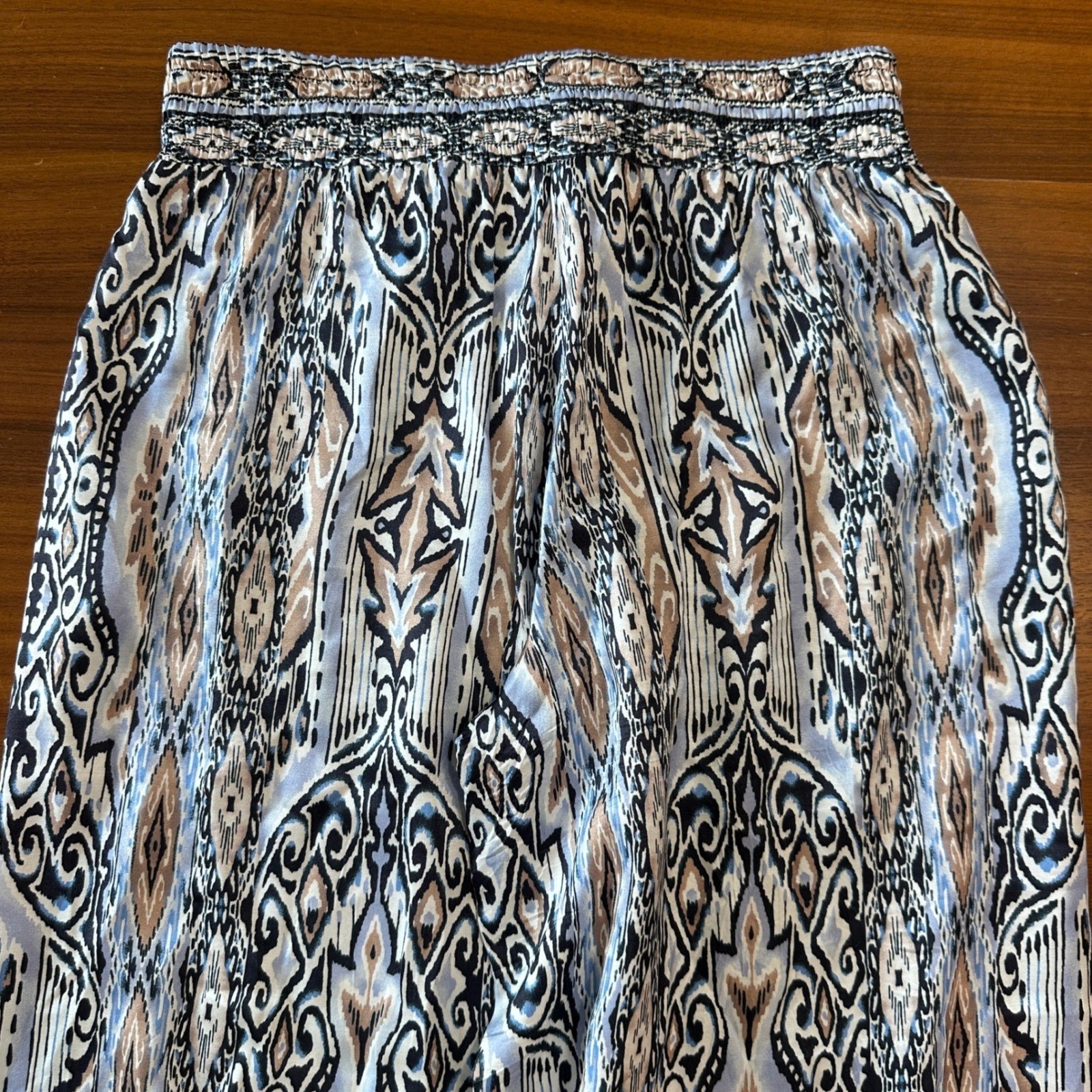 Hale Bob Wide Leg Pants Silk Blend Small, Blue Ikat Palazzo Boho Beach Resort