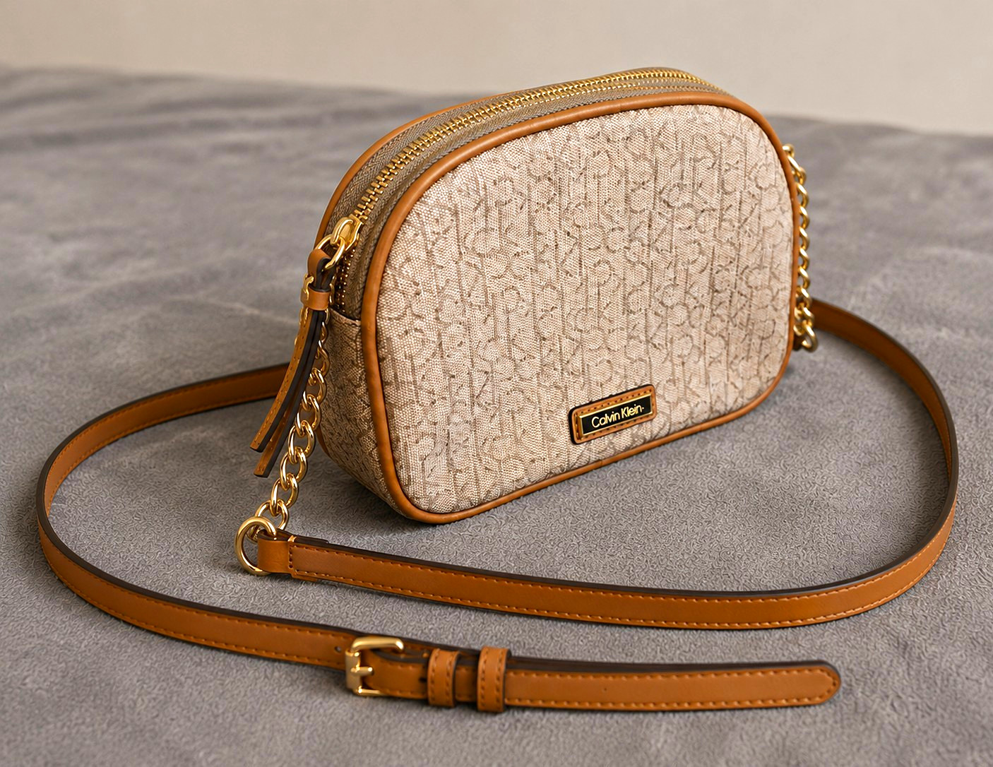 Calvin Klein Small Beige/Brown Monogram Crossbody Bag Zip Gold Chain Strap