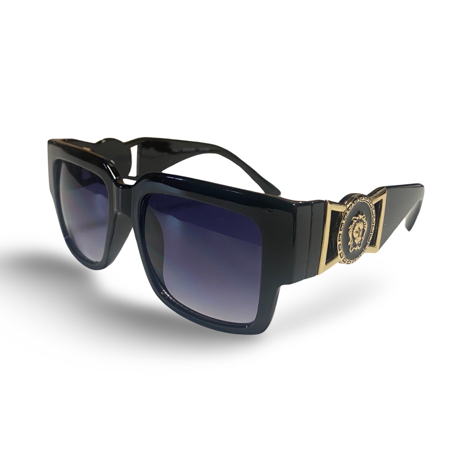 Sunglasses Flat Top Men Women Lion Head Gold Medallion Hip Hop Rapper Black Lens