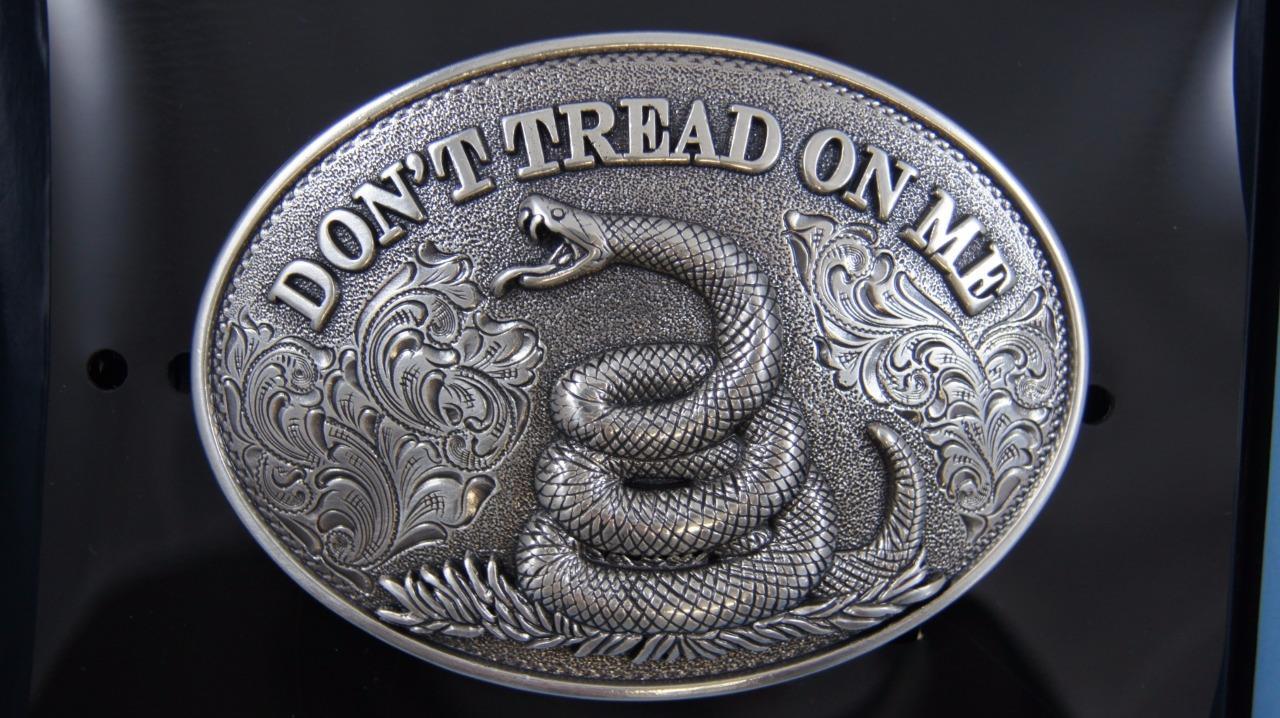 Nocona Western Belt Buckle DON’T TREAD ON ME Snake Silver Tone 37109