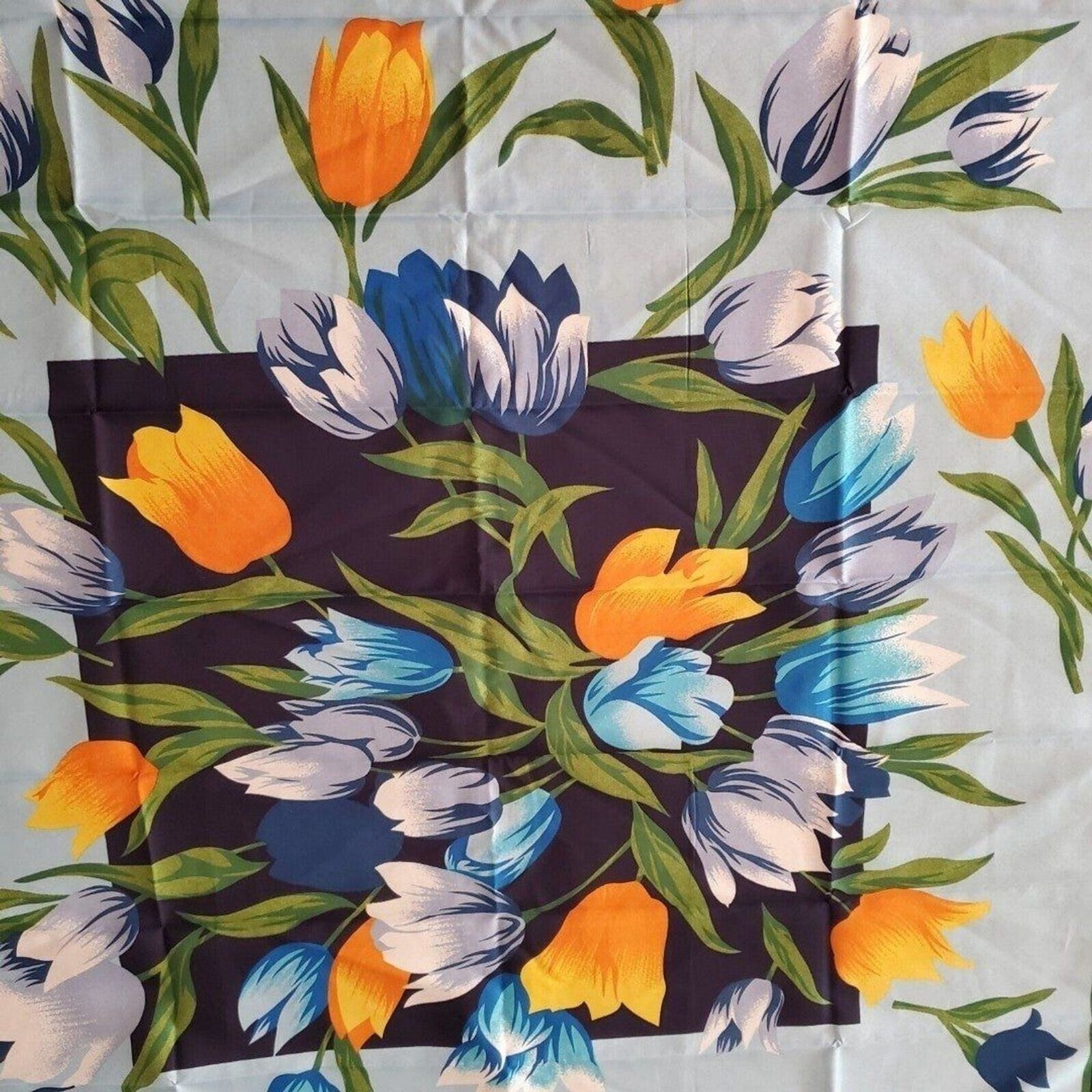 Womens Vintage Navy Blue Multicolor Tulip Floral Polyester Square Scarf Border