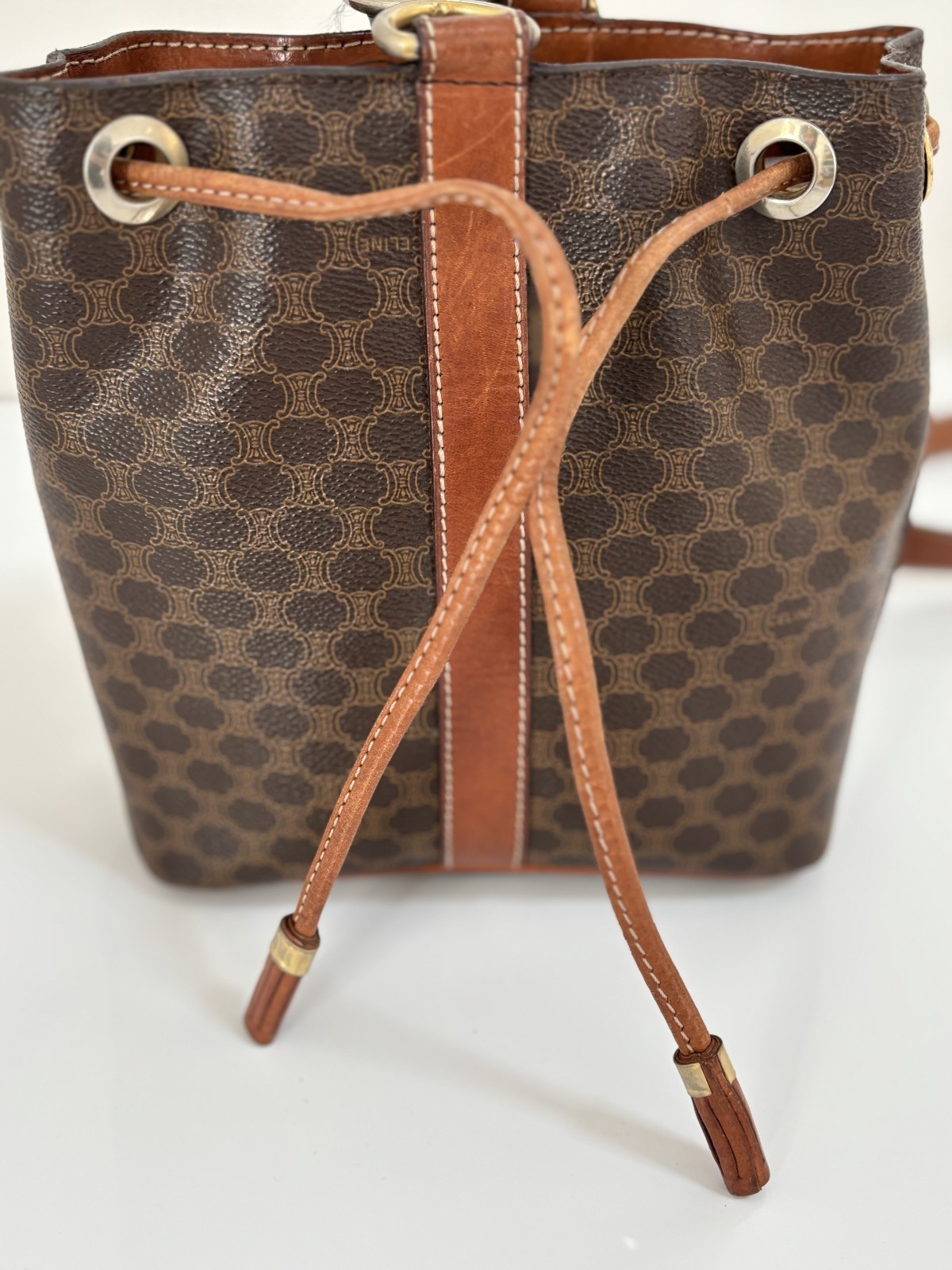 Vintage CELINE Macadam Drawstring Bucket One Shoulder Bag PVC Leather Brown