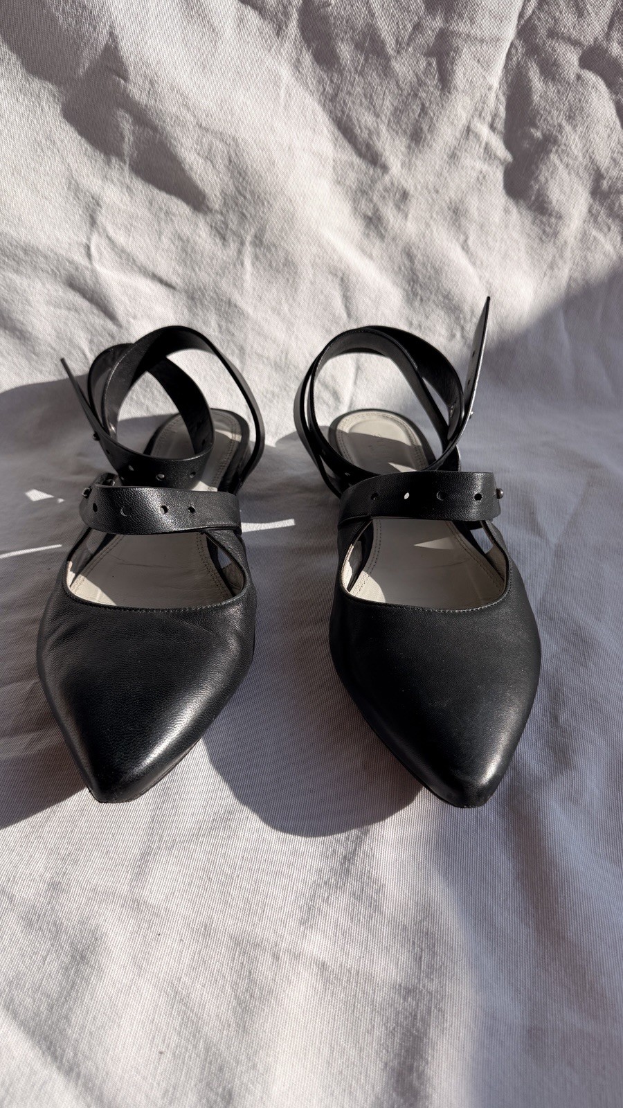 Vintage Black Leather Flats Ankle Wrap Slingback Pointy Toe by Strenesse 38