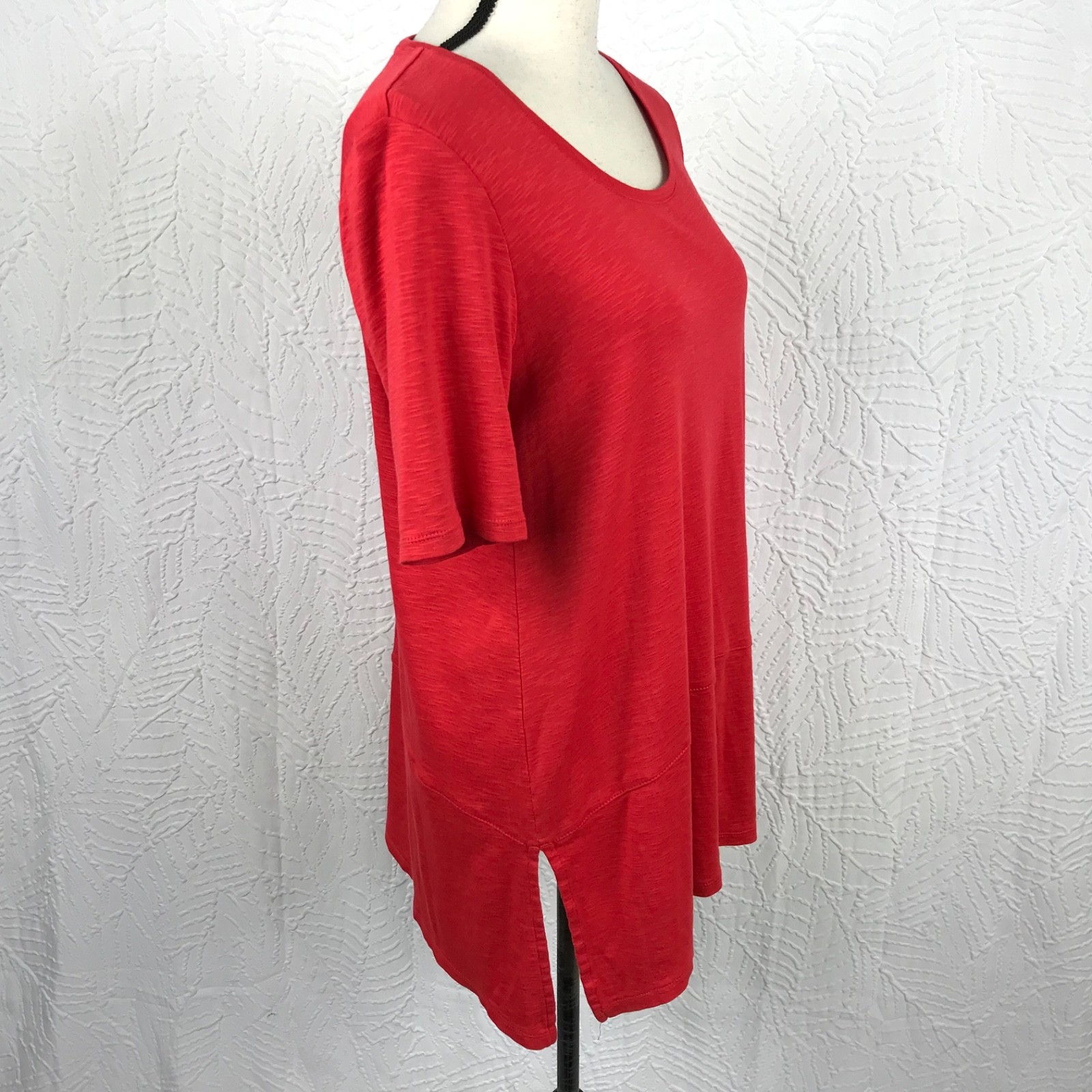J Jill Red Pima Cotton Dipped Hem Tunic Top Size M Minimalist Capsule Slub Knit
