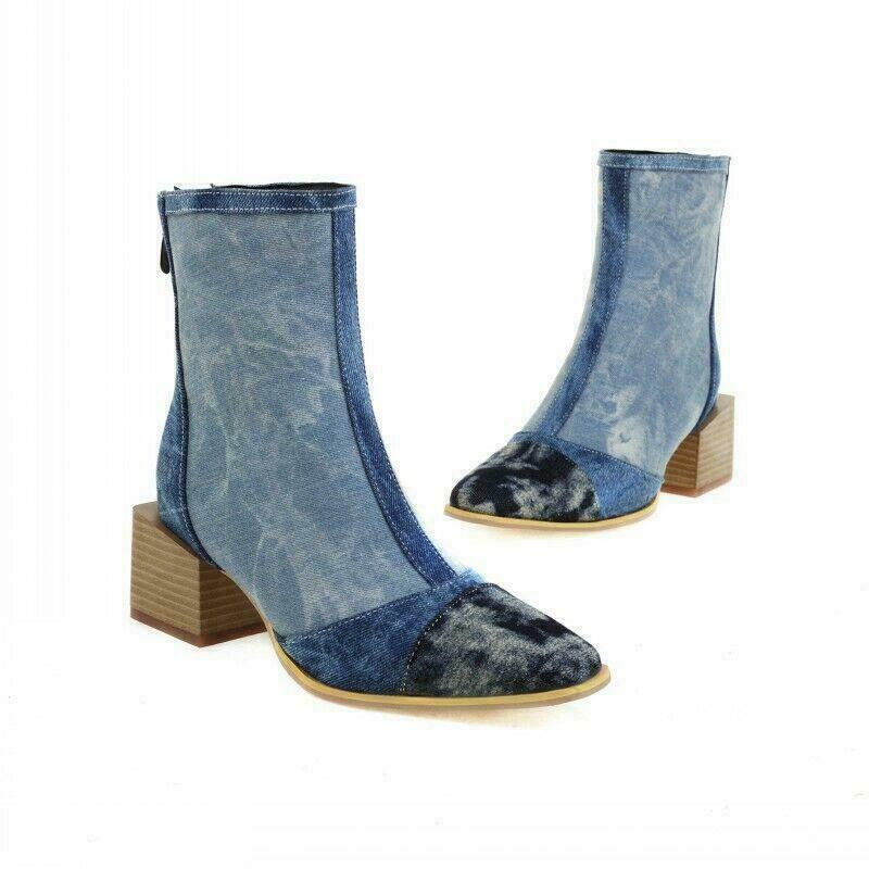 Splicing Leather Denim Women’s Ankle Boots Low Cuban Heel Shoes Casual Patchwork