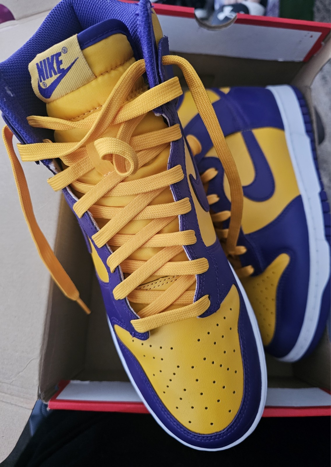Nike Dunk Hi Retro Lakers DD1399-500 Purple Yellow Leather Sneaker Mens 10