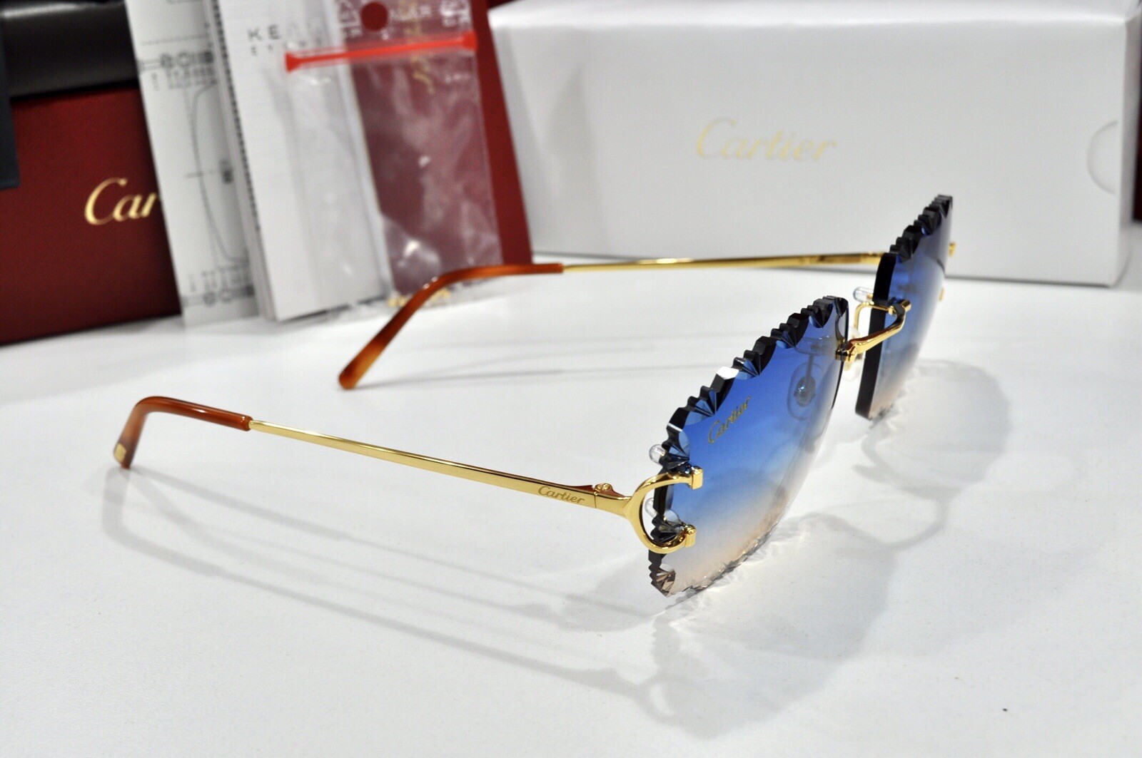 New Cartier rimless sunglasses fred glasses Diamond Cut decor BIG C gold Frame