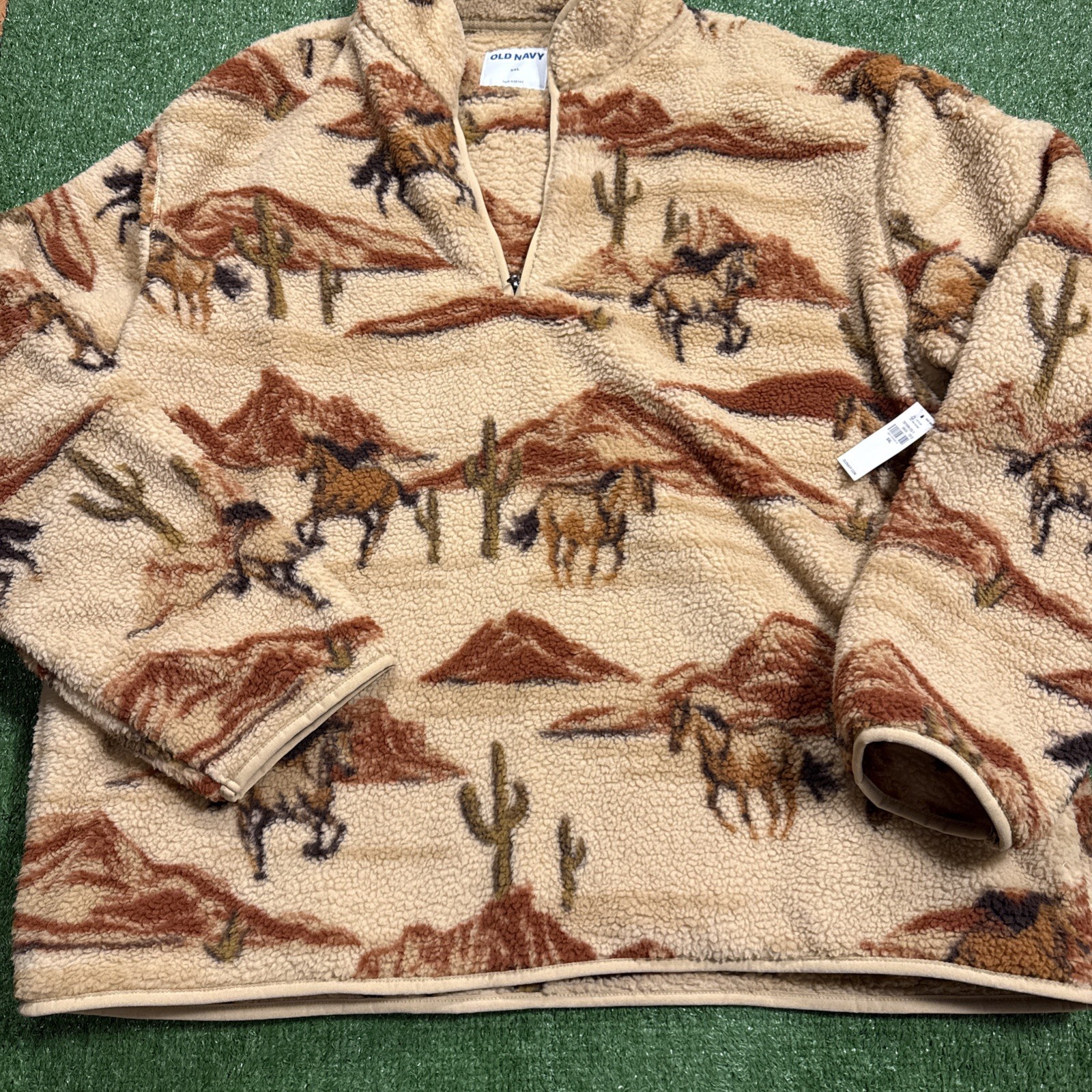 NEW Old Navy Horse Print Sherpa Quarter Zip Pullover Mens 2XL Tan Brown Pockets
