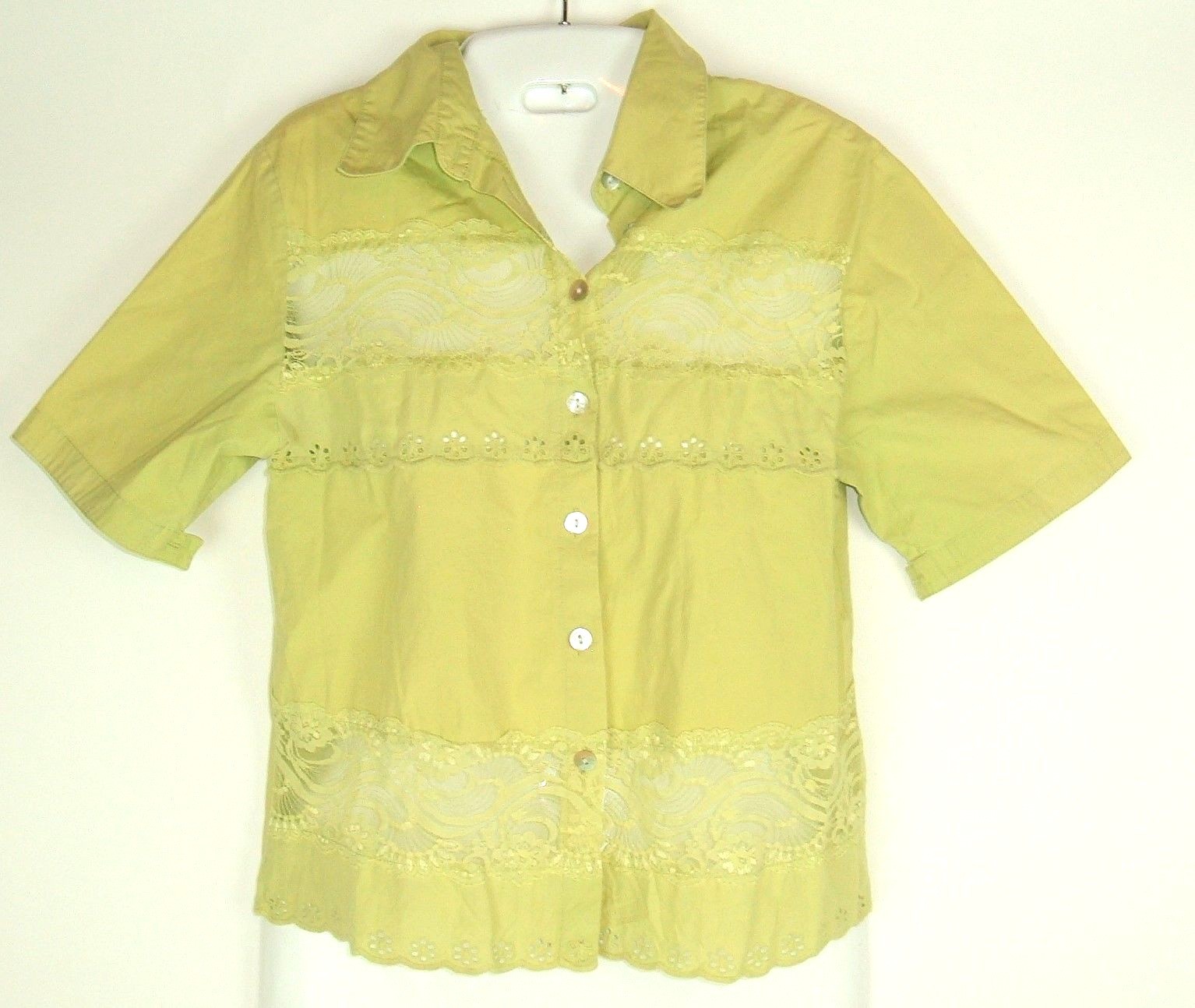 Vintage Top lace eyelet trim green boho Blouse Shirt Small DRESS-U by Sharon