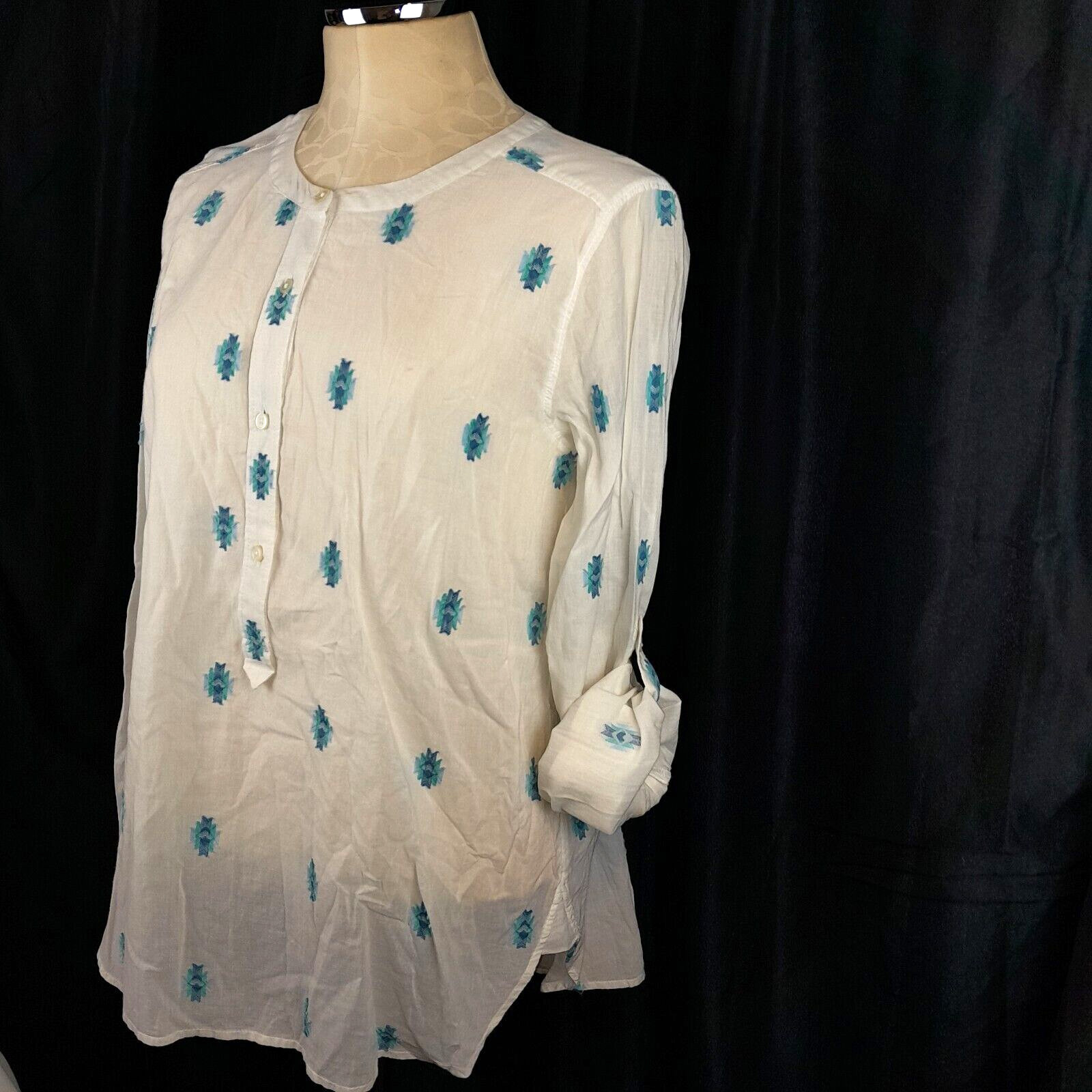 Ann Taylor Loft Womens Tunic M White Embroidered Aztec Roll Tab Sleeve Pullover