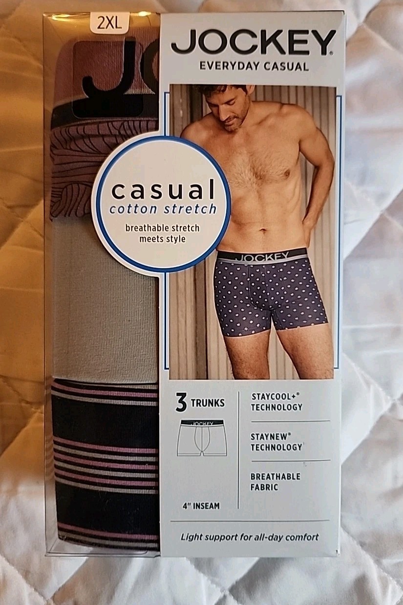 Jockey Men’s Everyday Casual Cotton Stretch 2XL Trunks. 3 Pack. 44-46 Inch Waist