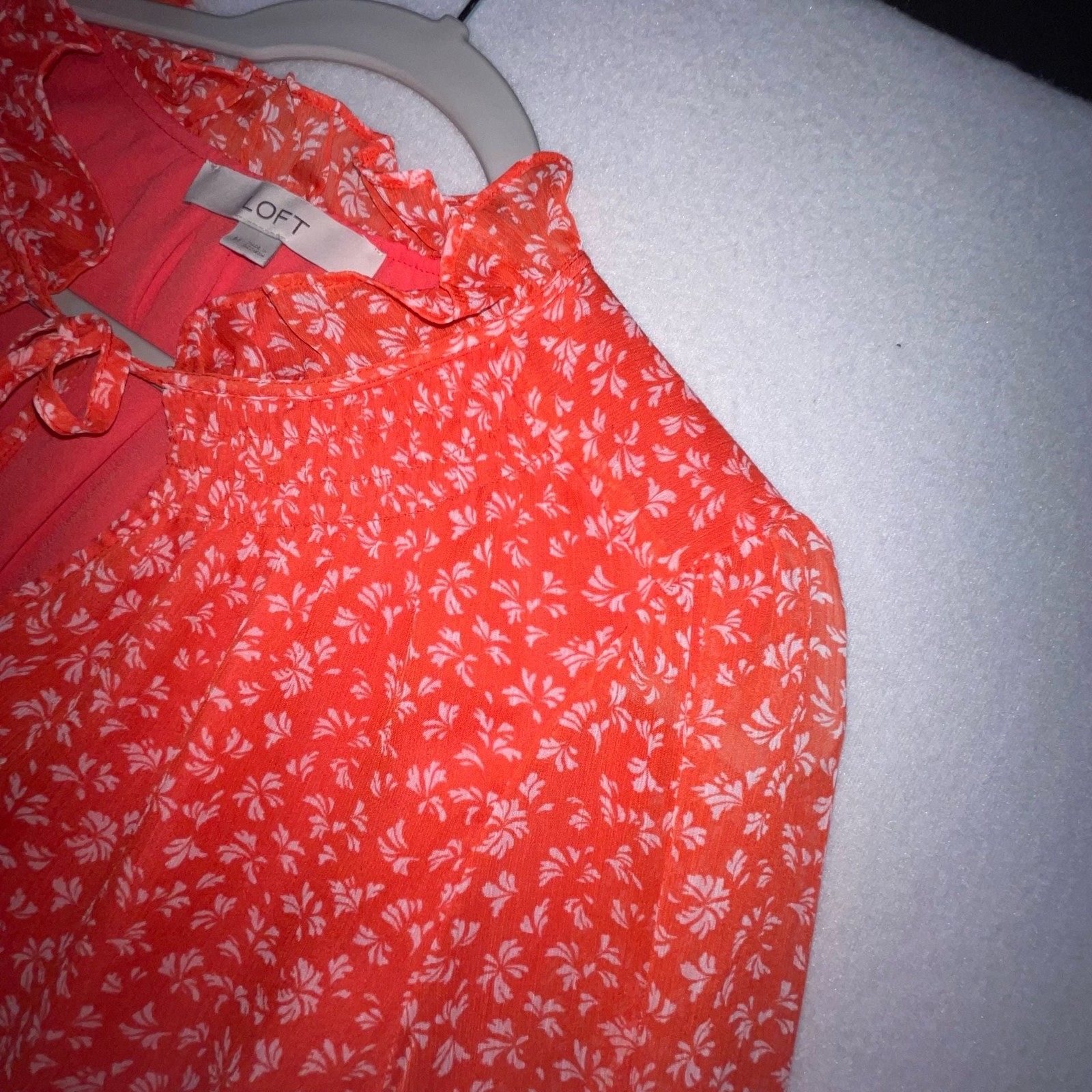 LOFT Orange Floral Ruffle Neck Tie Front Blouse Size M