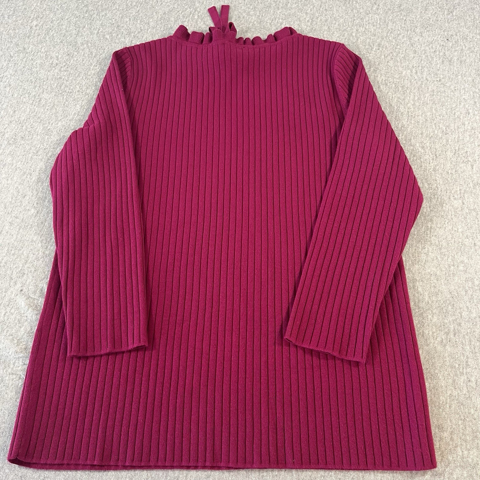 Talbots Fushia 3/4 Sleeve Ribbed Knit Top Ruffled Tie Neck Women’s SP