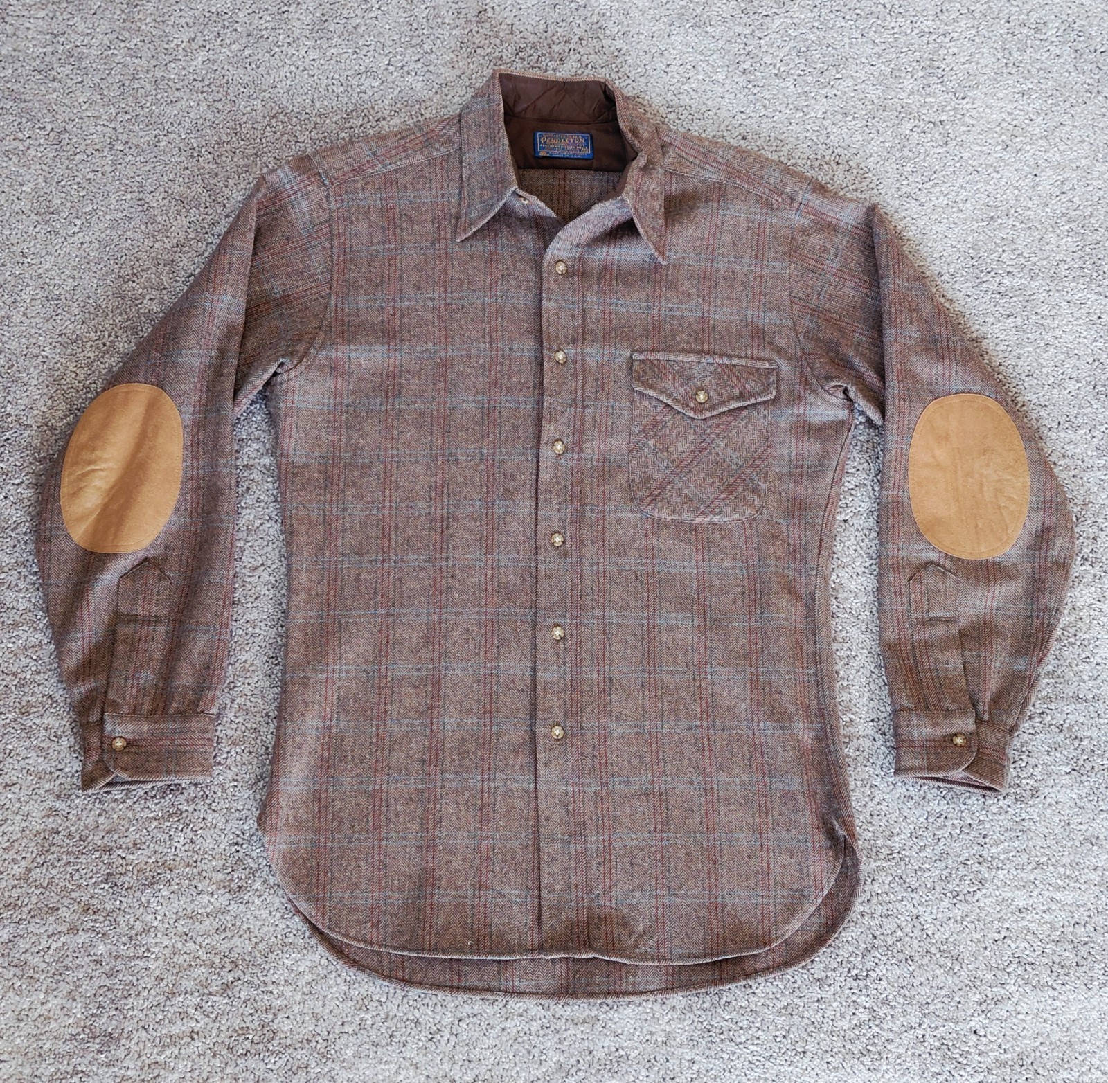 Pendleton Trail Shirt Mens M Brown Plaid Elbow Patch Virgin Wool 1980s Vintage